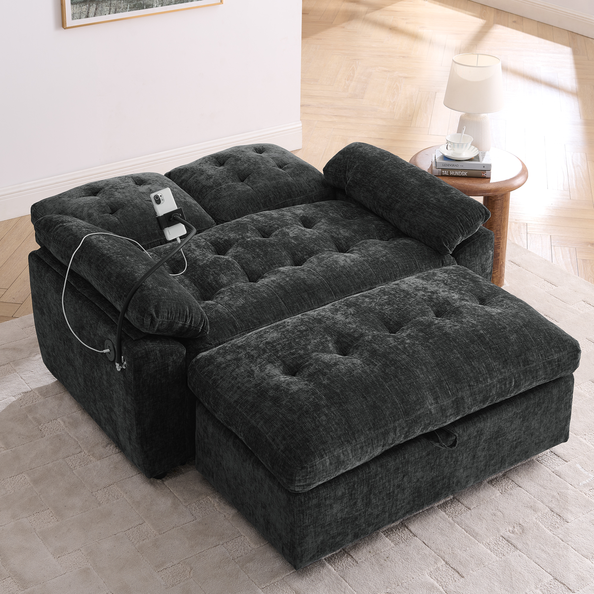 Leisure sofa chair,Double sofa recliner, with manually adjustable backrest, soft padded armrests, side USB charging port and phone stand, comes with a matching storage ottoman-Black - Image 2