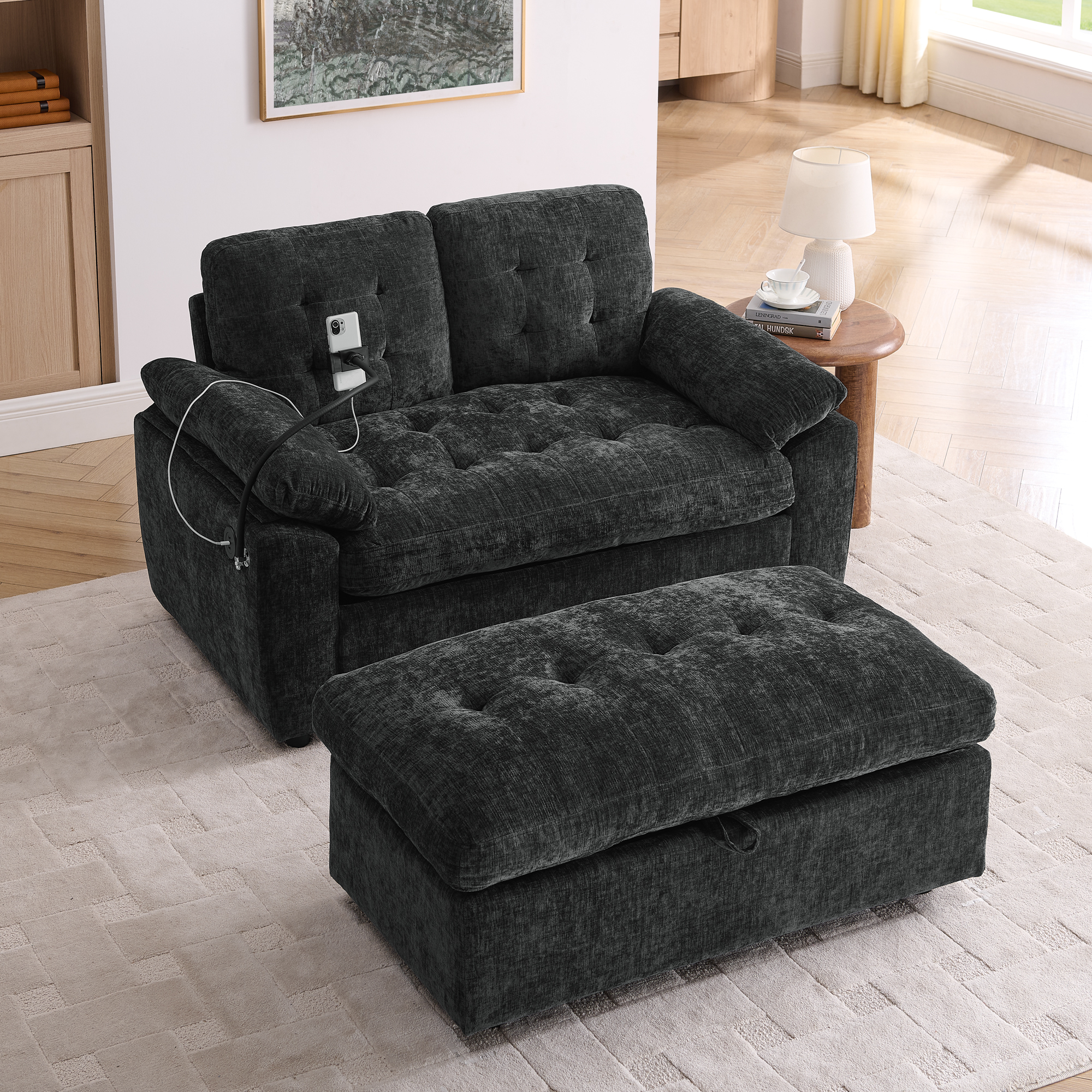 Leisure sofa chair,Double sofa recliner, with manually adjustable backrest, soft padded armrests, side USB charging port and phone stand, comes with a matching storage ottoman-Black - Image 3