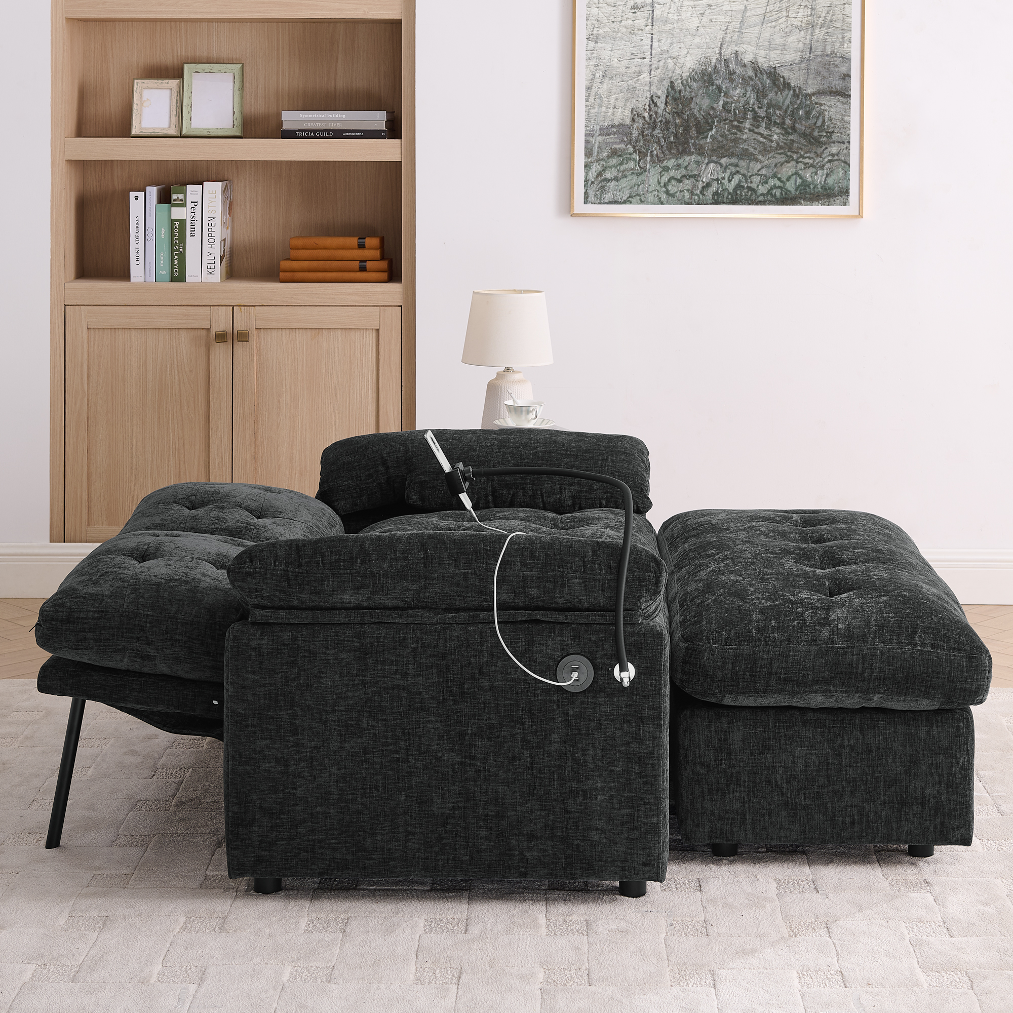 Leisure sofa chair,Double sofa recliner, with manually adjustable backrest, soft padded armrests, side USB charging port and phone stand, comes with a matching storage ottoman-Black - Image 4