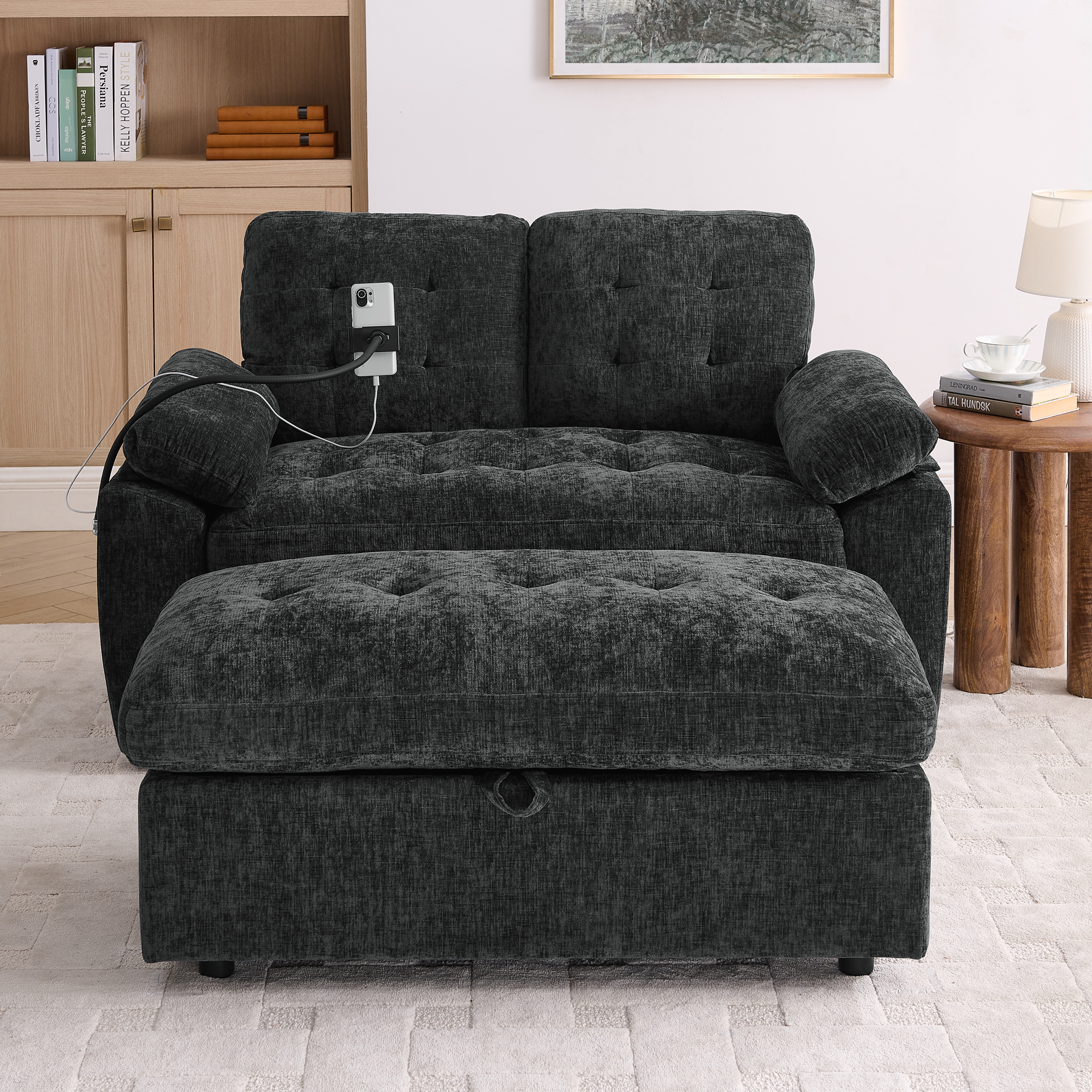 Leisure sofa chair,Double sofa recliner, with manually adjustable backrest, soft padded armrests, side USB charging port and phone stand, comes with a matching storage ottoman-Black - Image 5