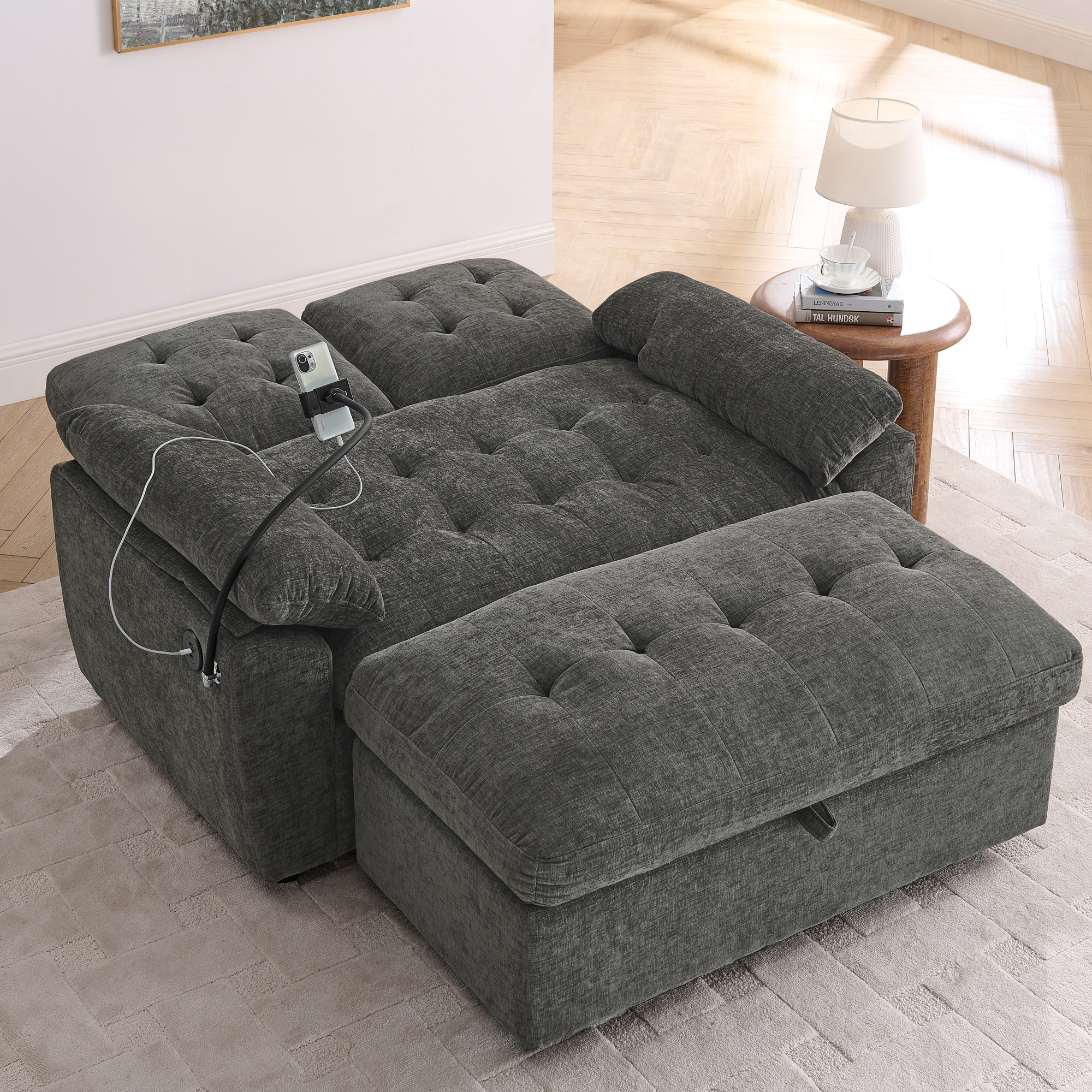 Leisure sofa chair,Double sofa recliner, with manually adjustable backrest, soft padded armrests, side USB charging port and phone stand, comes with a matching storage ottoman-Gray - Image 2