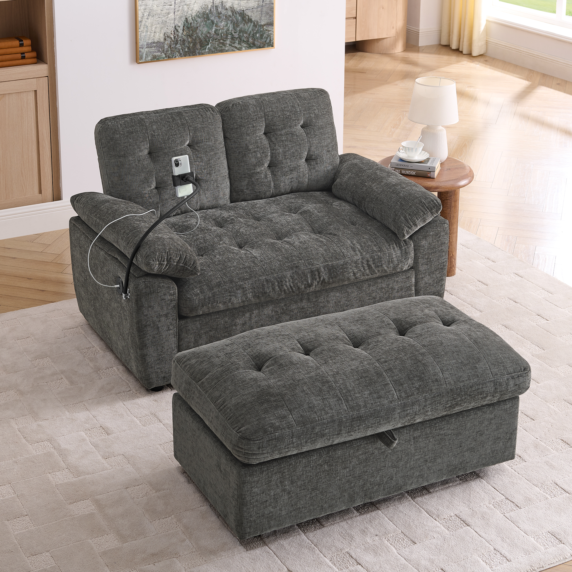 Leisure sofa chair,Double sofa recliner, with manually adjustable backrest, soft padded armrests, side USB charging port and phone stand, comes with a matching storage ottoman-Gray - Image 3