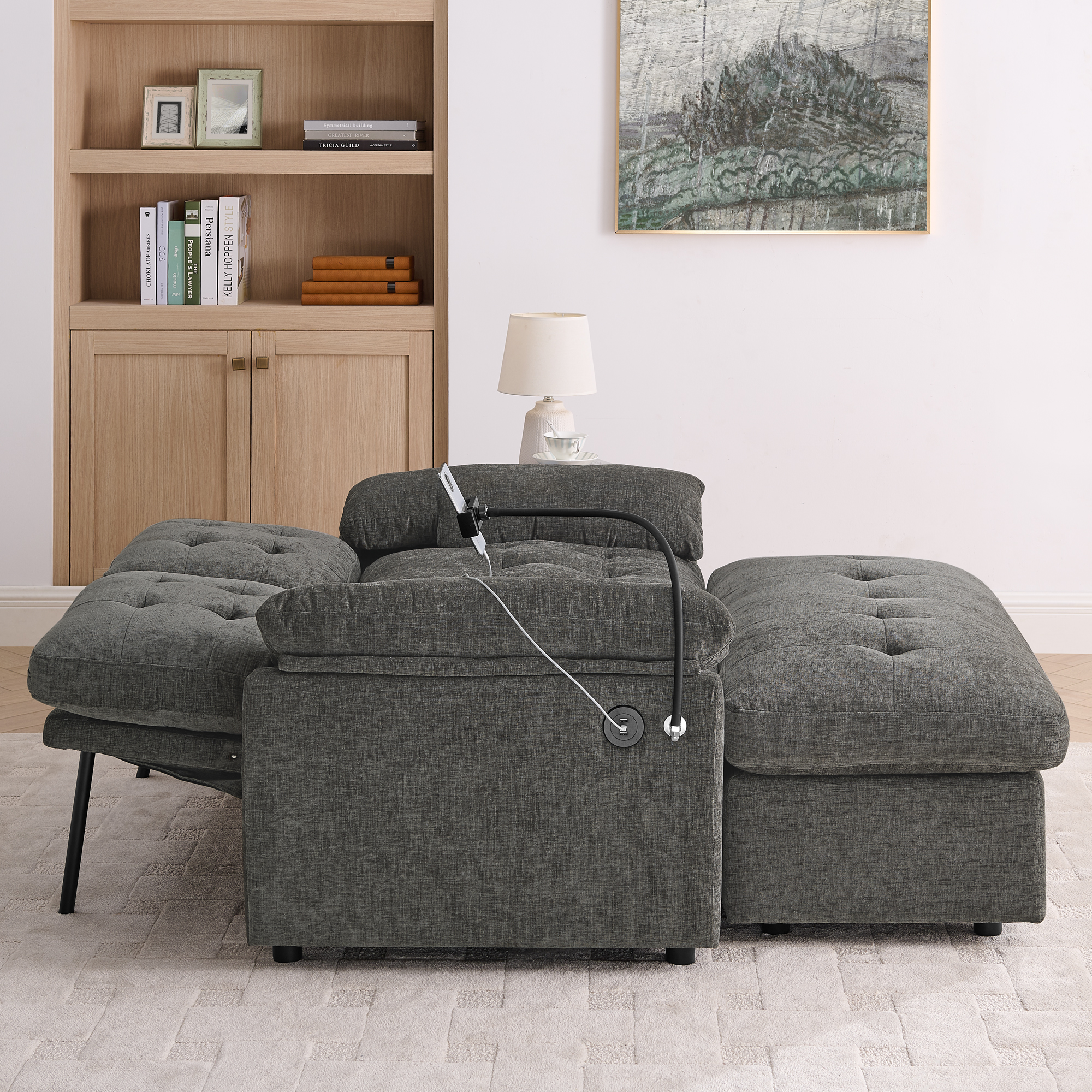 Leisure sofa chair,Double sofa recliner, with manually adjustable backrest, soft padded armrests, side USB charging port and phone stand, comes with a matching storage ottoman-Gray - Image 4