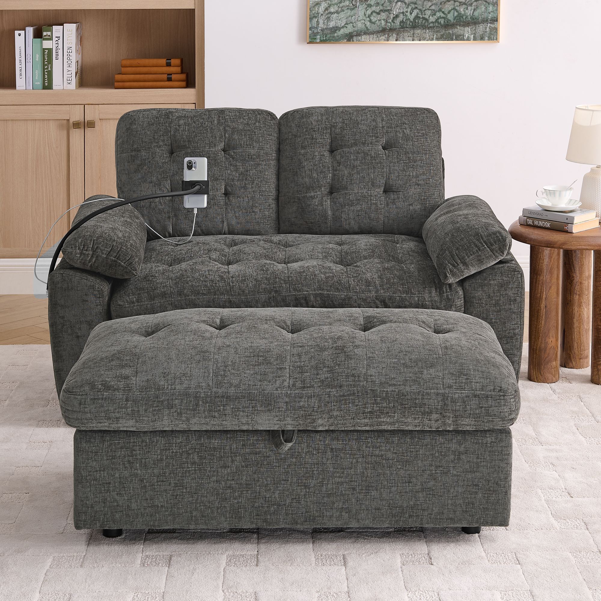 Leisure sofa chair,Double sofa recliner, with manually adjustable backrest, soft padded armrests, side USB charging port and phone stand, comes with a matching storage ottoman-Gray - Image 5