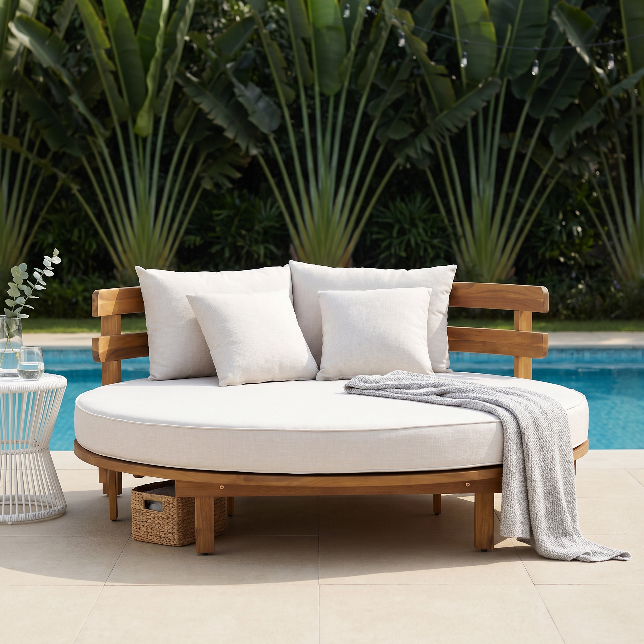 TOPMAX Outdoor Acacia Wood Round Daybed, Patio Lounger with Curved Slatted Backrest, Cushion and 4 Pillows for Backyard, Poolside, Beige - Image 2