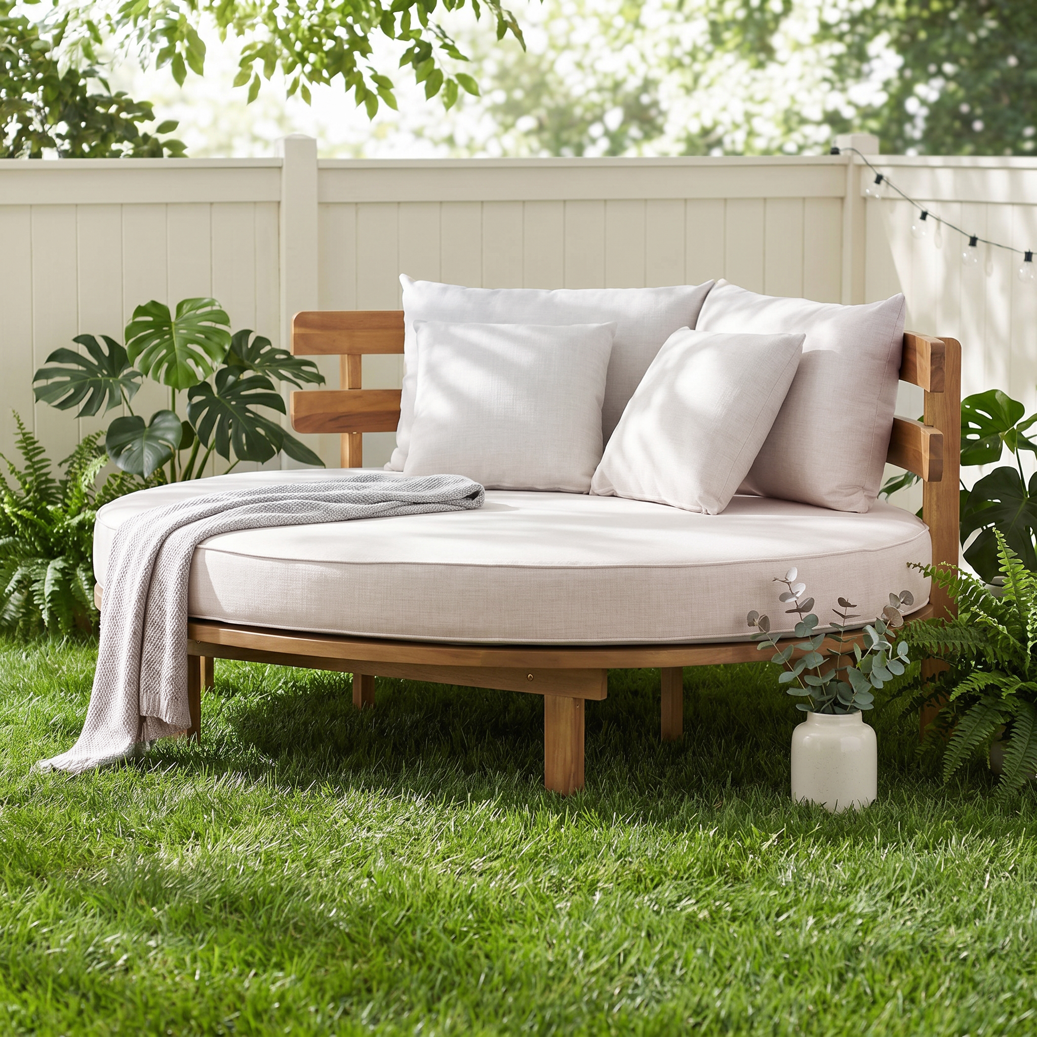 TOPMAX Outdoor Acacia Wood Round Daybed, Patio Lounger with Curved Slatted Backrest, Cushion and 4 Pillows for Backyard, Poolside, Beige - Image 3