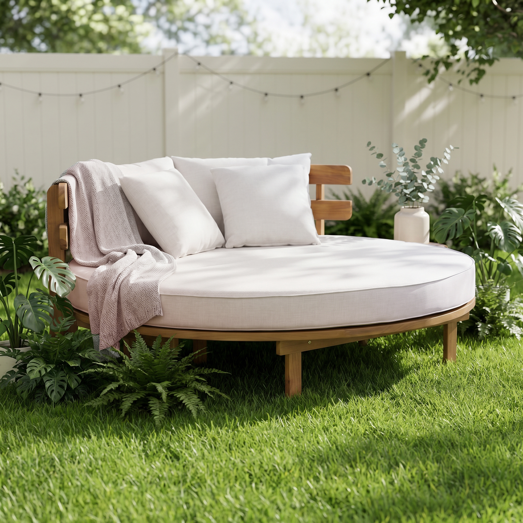 TOPMAX Outdoor Acacia Wood Round Daybed, Patio Lounger with Curved Slatted Backrest, Cushion and 4 Pillows for Backyard, Poolside, Beige - Image 4