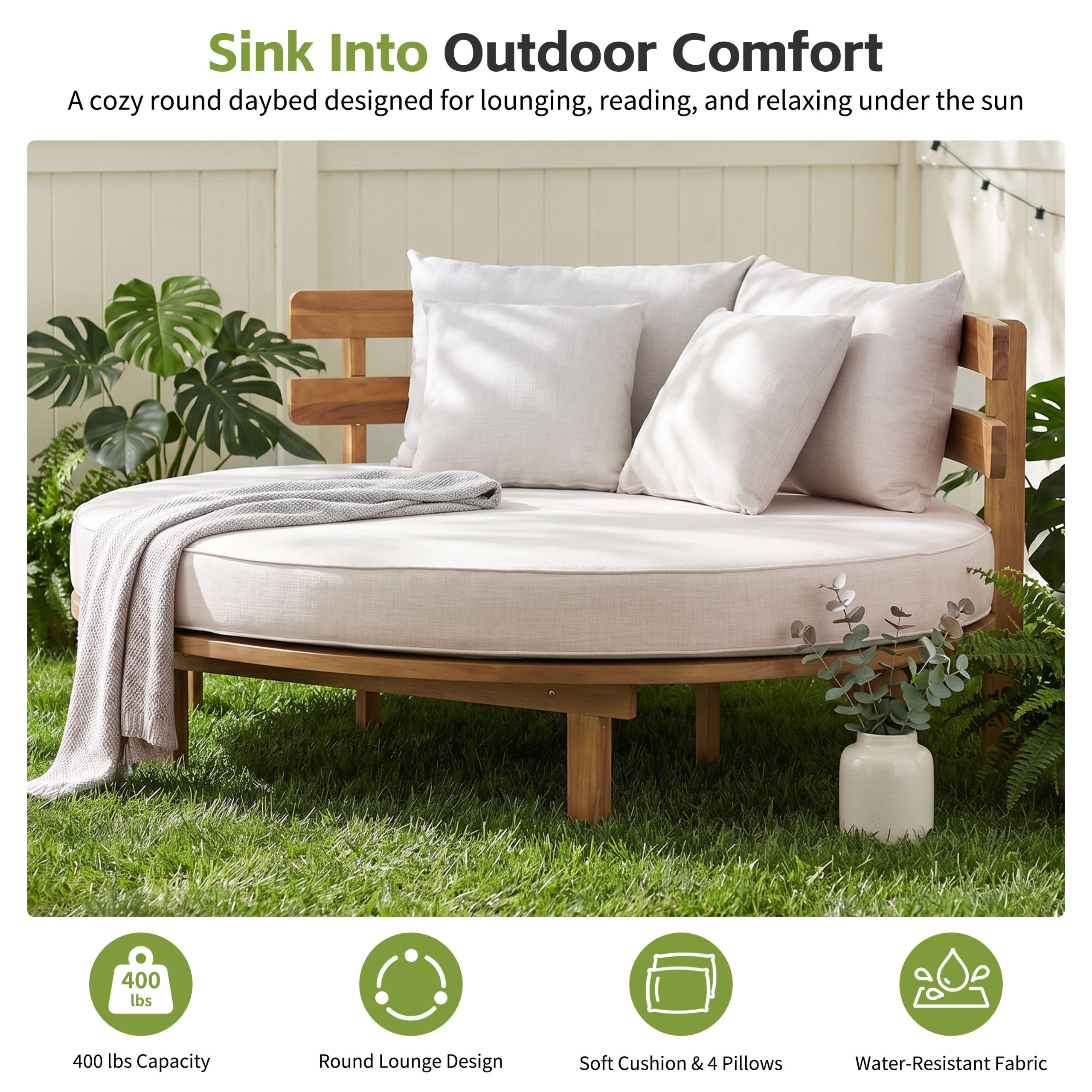 TOPMAX Outdoor Acacia Wood Round Daybed, Patio Lounger with Curved Slatted Backrest, Cushion and 4 Pillows for Backyard, Poolside, Beige - Image 5