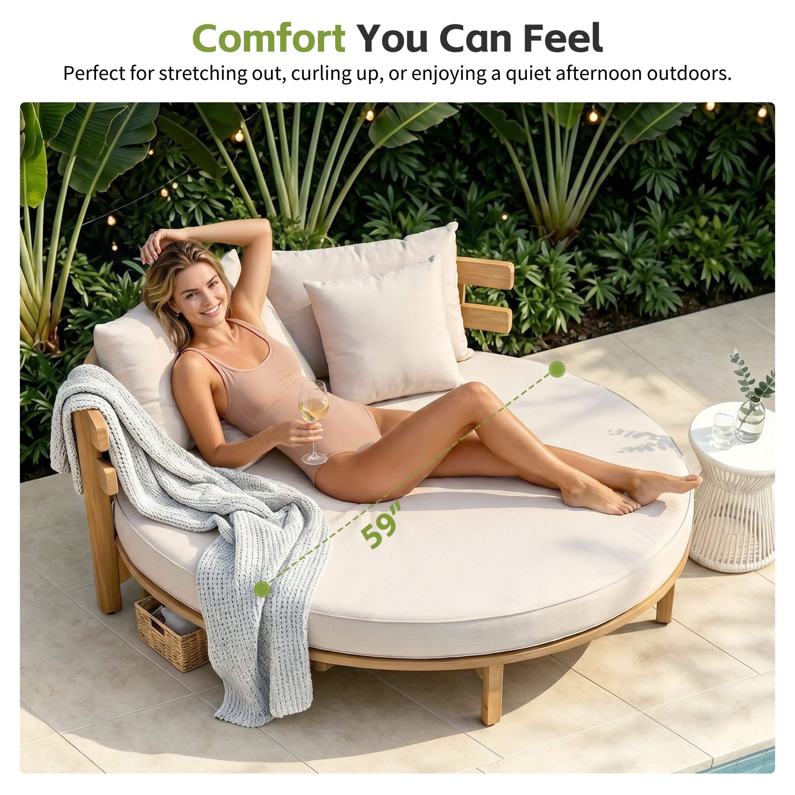 TOPMAX Outdoor Acacia Wood Round Daybed, Patio Lounger with Curved Slatted Backrest, Cushion and 4 Pillows for Backyard, Poolside, Beige - Image 6