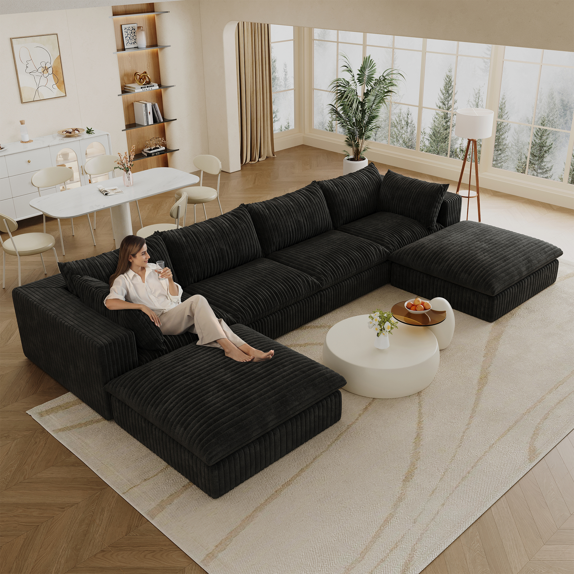 157.6"Cloud Sofa,Corduroy Fabric,Deep Seat Couches,Double-layer design,Removable Cushion,No Assembly,DIY Combination for Living room, Bedroom,Conference room ,Apartment,Black - Image 3
