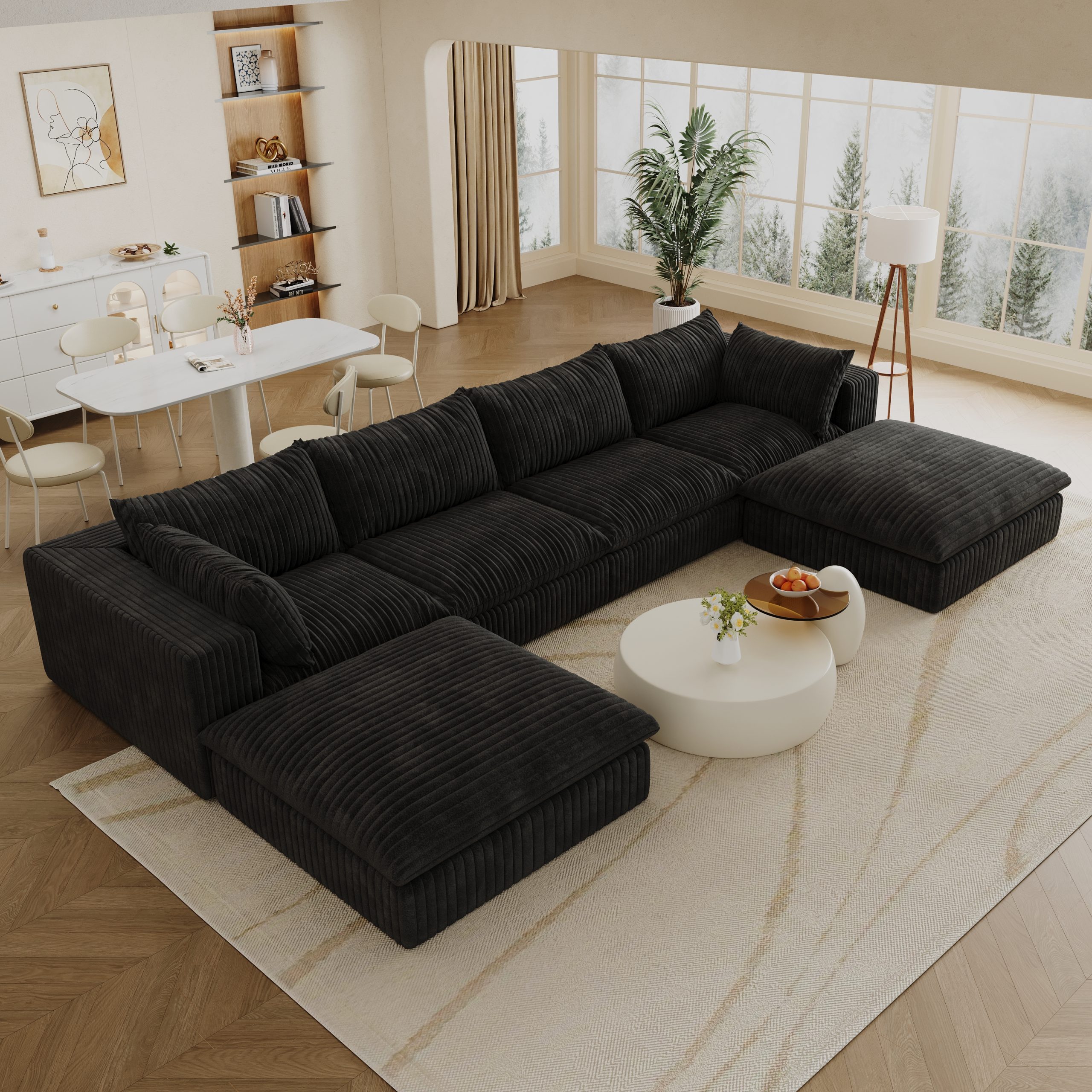 157.6"Cloud Sofa,Corduroy Fabric,Deep Seat Couches,Double-layer design,Removable Cushion,No Assembly,DIY Combination for Living room, Bedroom,Conference room ,Apartment,Black - Image 5