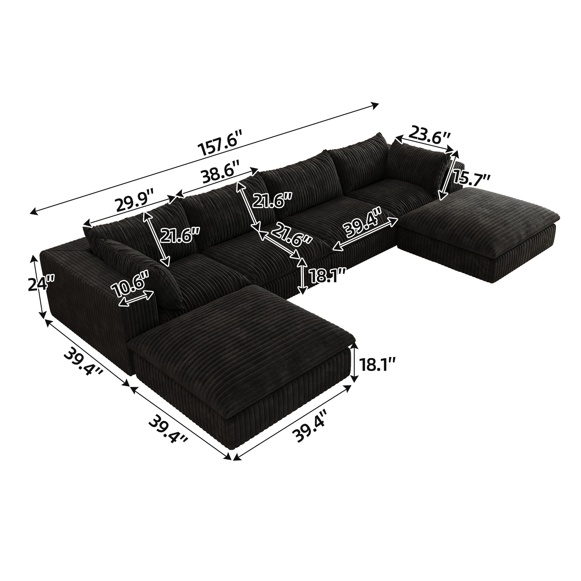 157.6"Cloud Sofa,Corduroy Fabric,Deep Seat Couches,Double-layer design,Removable Cushion,No Assembly,DIY Combination for Living room, Bedroom,Conference room ,Apartment,Black - Image 6