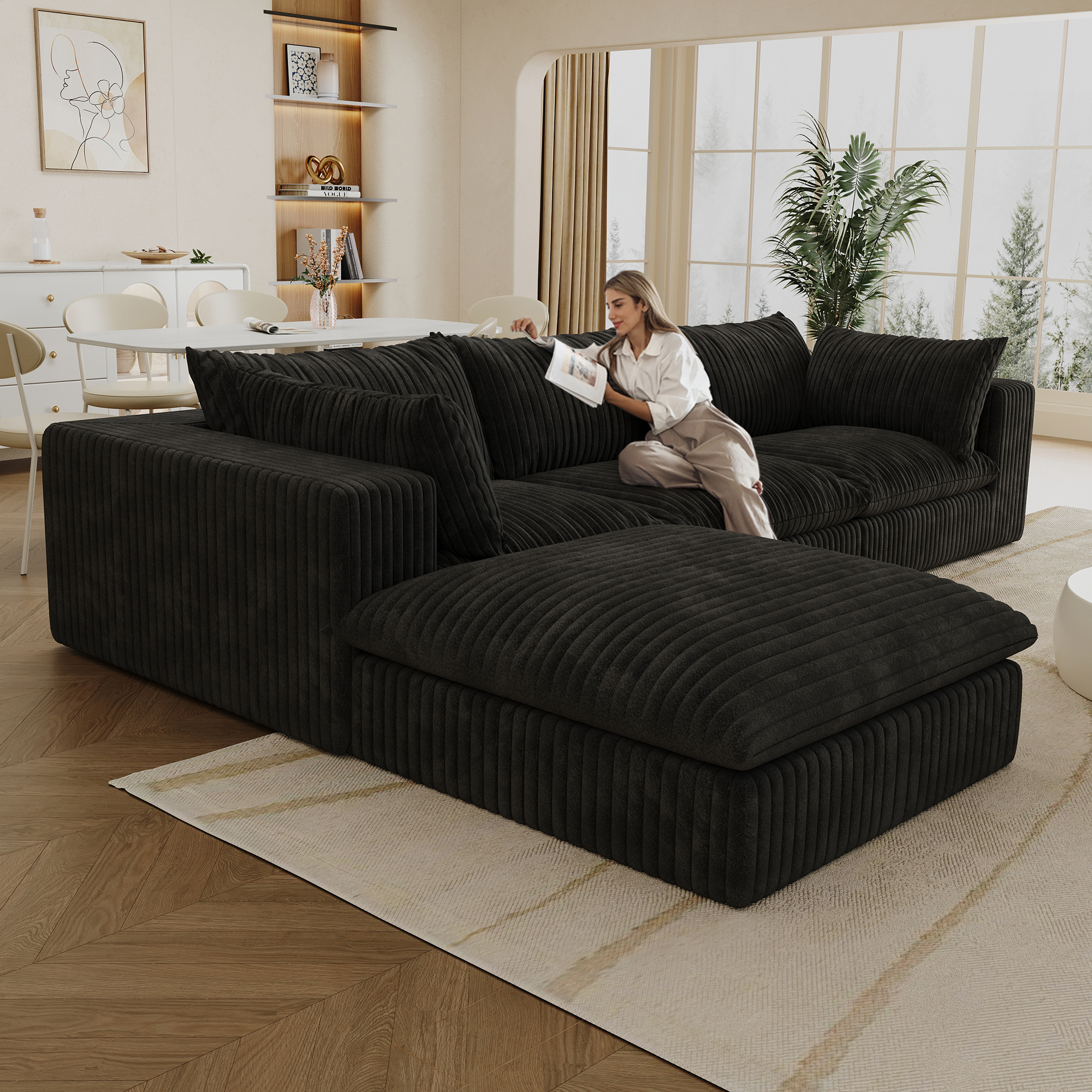 118.2" Cloud Sofa,Corduroy Fabric,Deep Seat Couches,Double-layer design,Removable Cushion,No Assembly, DIY Combination for Living room, Bedroom,Conference room ,Apartment,Black - Image 2