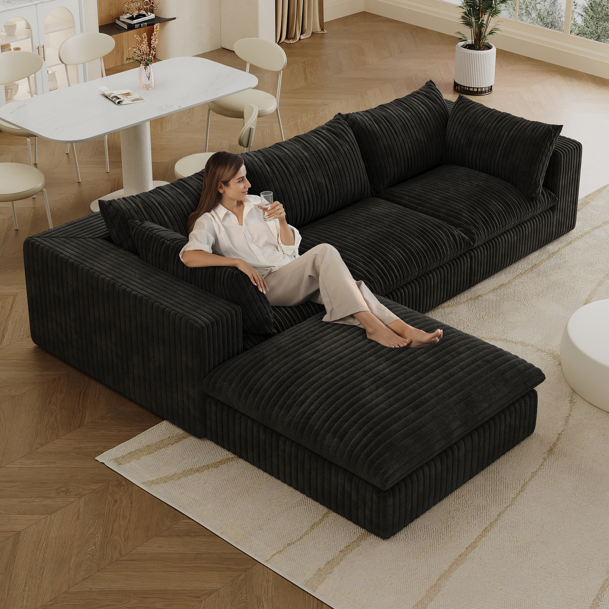 118.2" Cloud Sofa,Corduroy Fabric,Deep Seat Couches,Double-layer design,Removable Cushion,No Assembly, DIY Combination for Living room, Bedroom,Conference room ,Apartment,Black - Image 3
