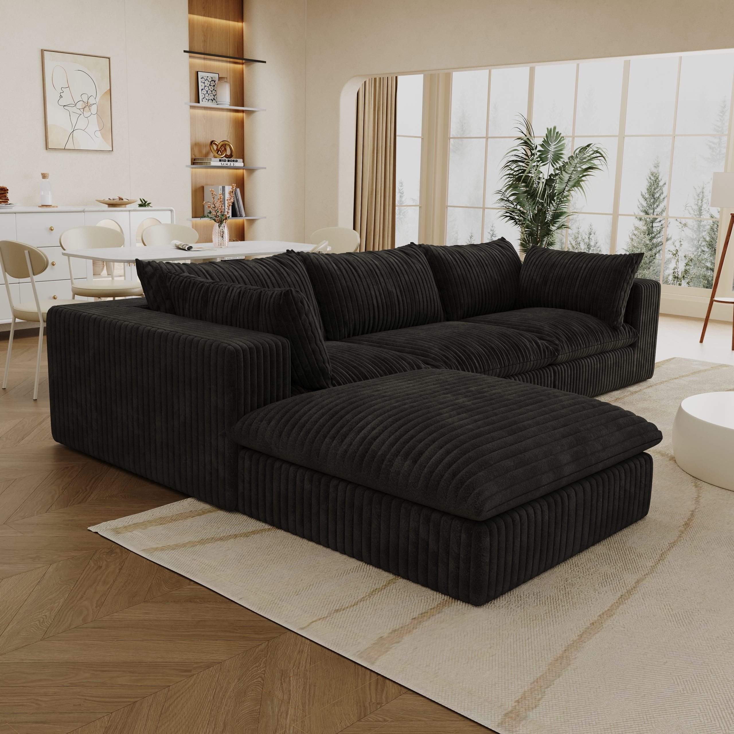 118.2" Cloud Sofa,Corduroy Fabric,Deep Seat Couches,Double-layer design,Removable Cushion,No Assembly, DIY Combination for Living room, Bedroom,Conference room ,Apartment,Black - Image 5