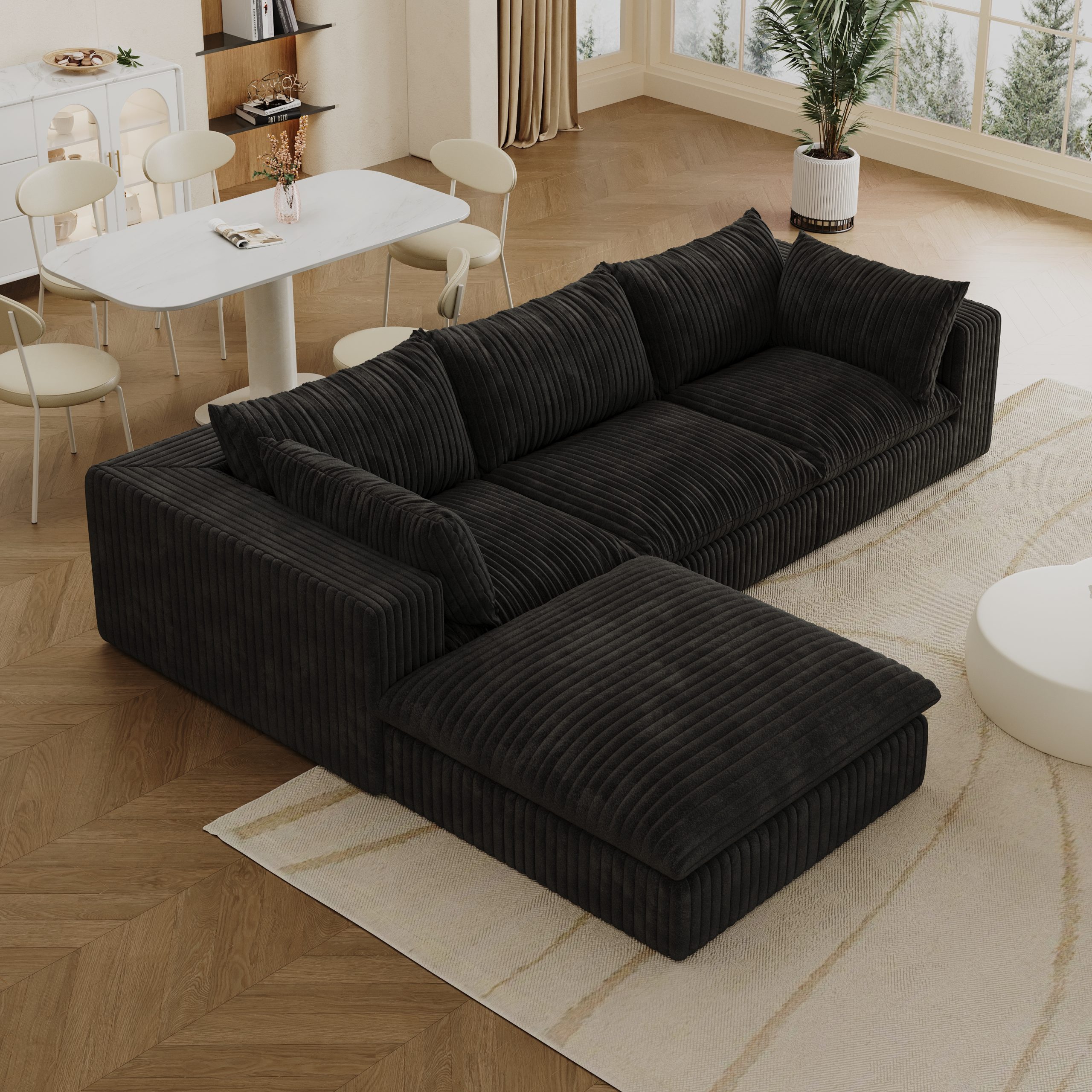 118.2" Cloud Sofa,Corduroy Fabric,Deep Seat Couches,Double-layer design,Removable Cushion,No Assembly, DIY Combination for Living room, Bedroom,Conference room ,Apartment,Black - Image 6