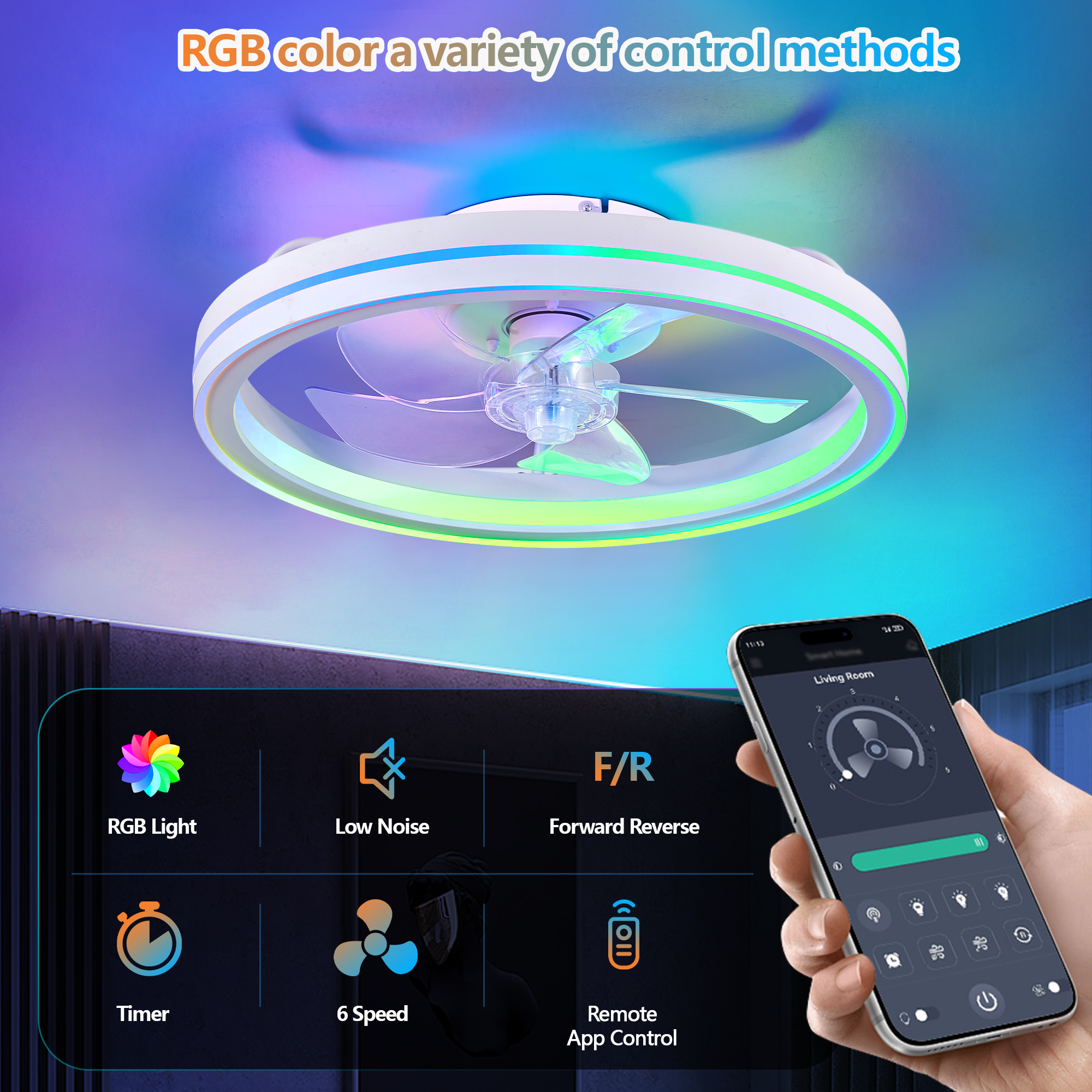 RGB Ceiling Fans with Lights, 19'' Smart LED Ceiling Fan with Remote/APP Control, Modern Low Profile Bladeless Chandelier Fan, Dimmable White Fandelier for Bedroom, Living Room, Kitchen - Image 2