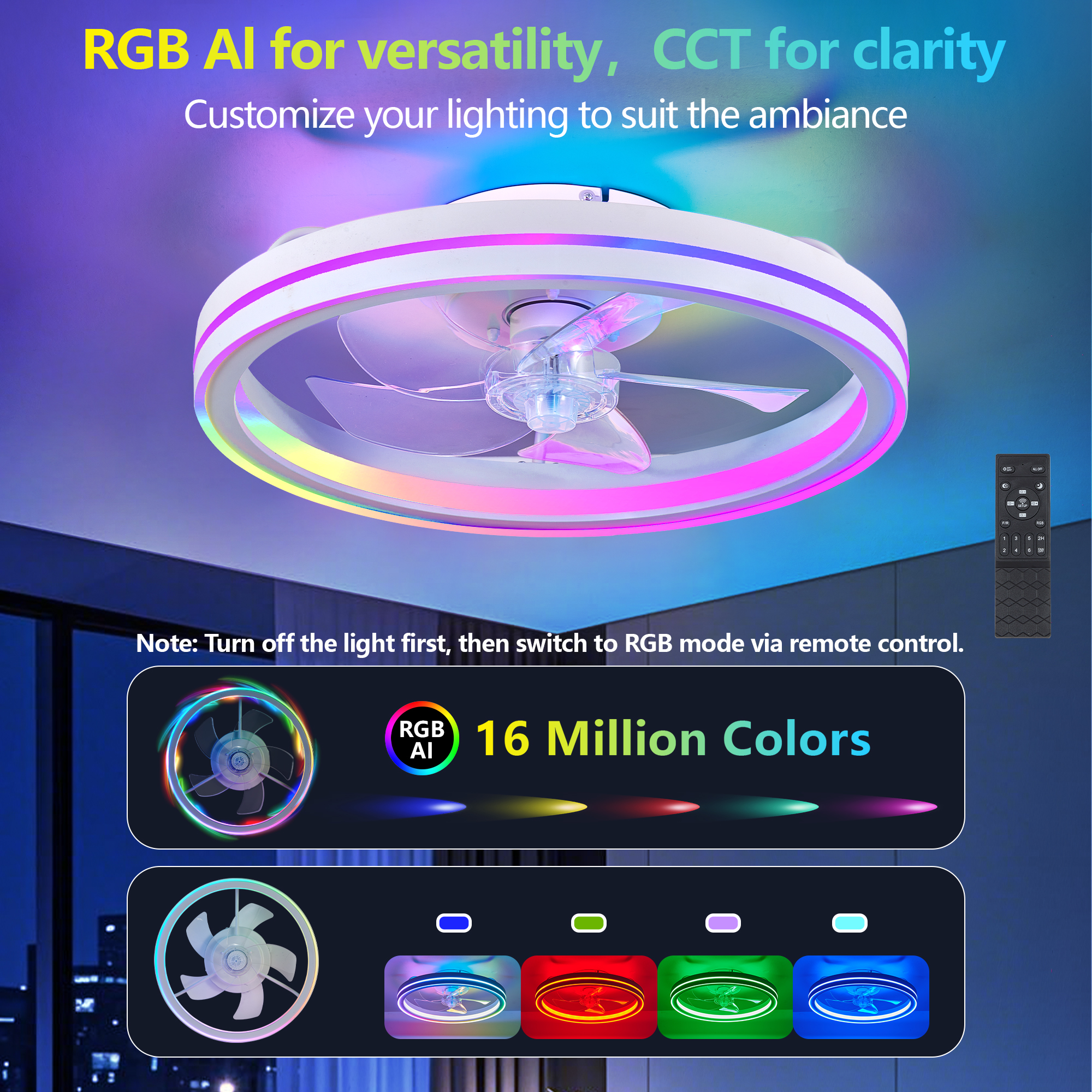 RGB Ceiling Fans with Lights, 19'' Smart LED Ceiling Fan with Remote/APP Control, Modern Low Profile Bladeless Chandelier Fan, Dimmable White Fandelier for Bedroom, Living Room, Kitchen - Image 3