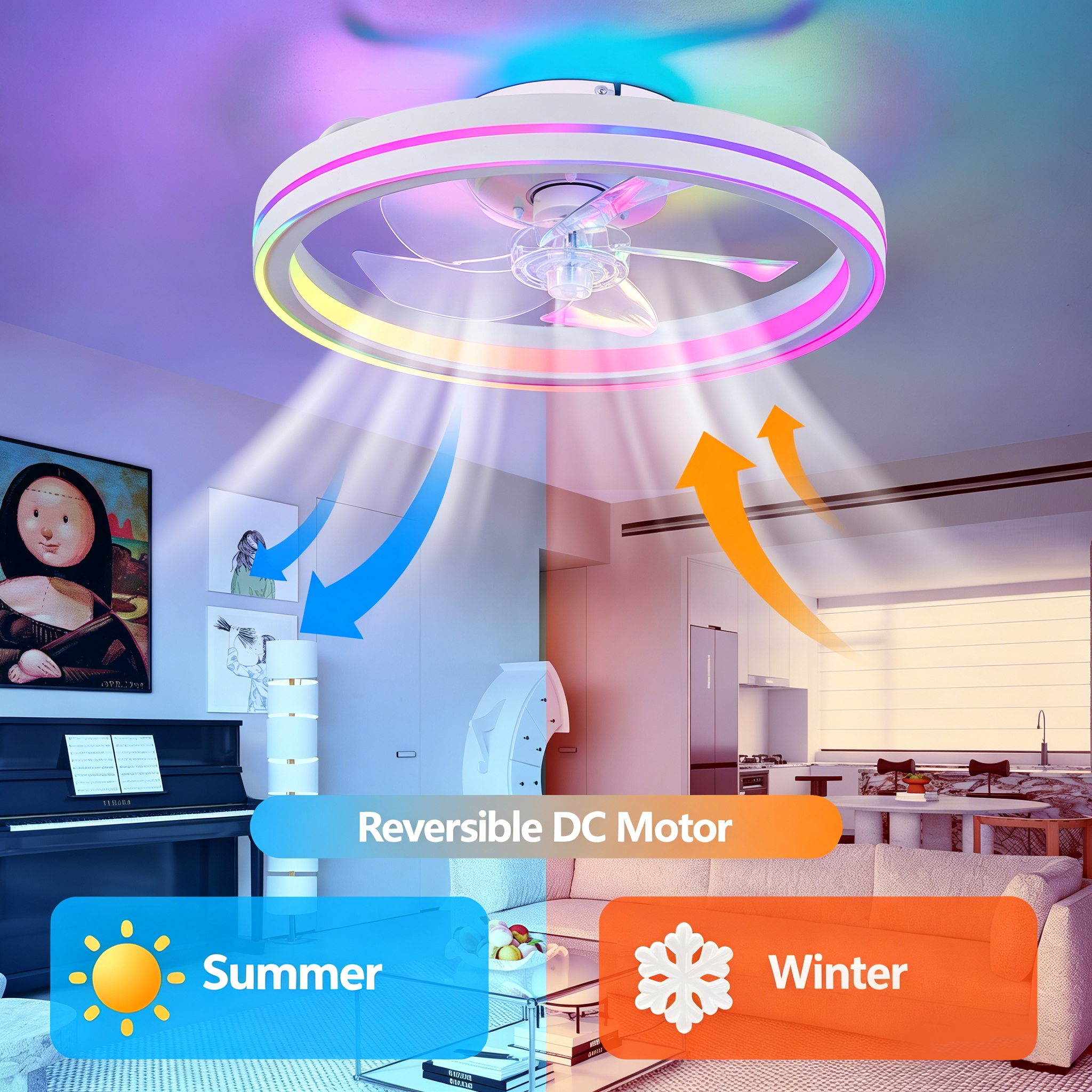 RGB Ceiling Fans with Lights, 19'' Smart LED Ceiling Fan with Remote/APP Control, Modern Low Profile Bladeless Chandelier Fan, Dimmable White Fandelier for Bedroom, Living Room, Kitchen - Image 5