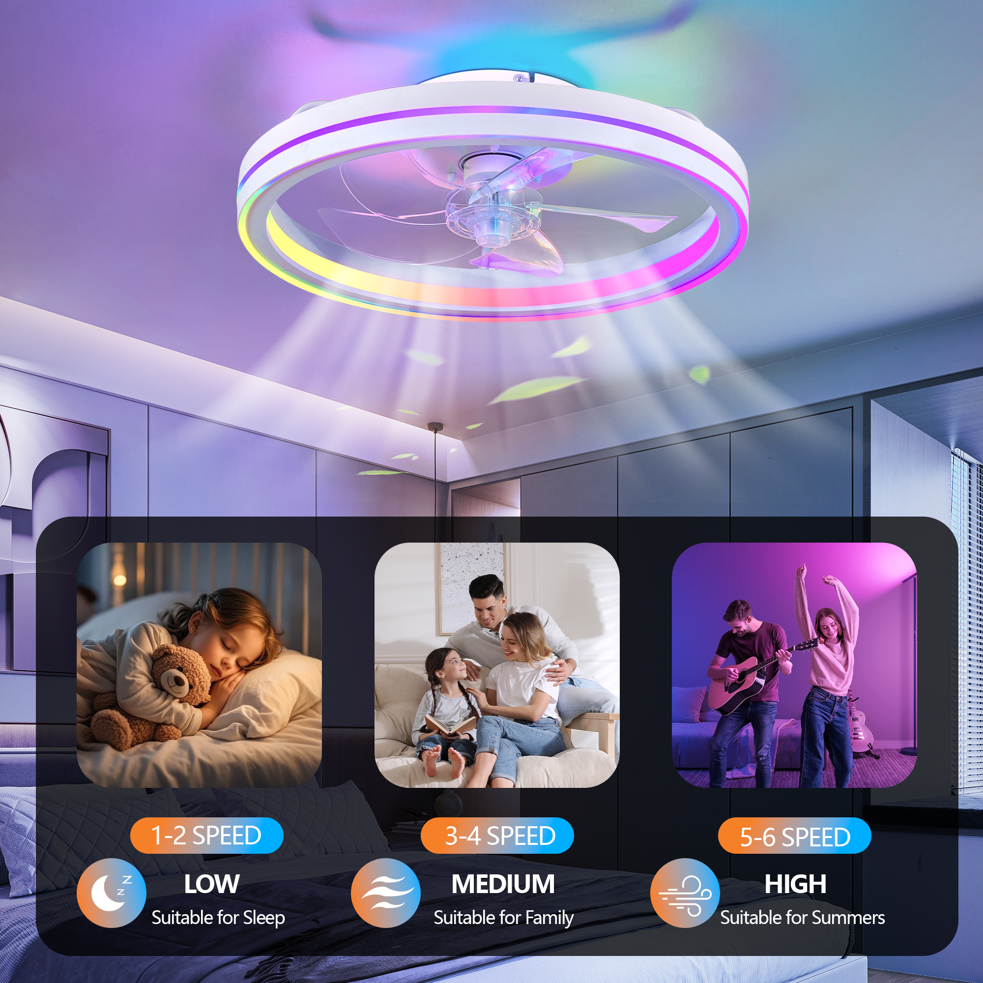 RGB Ceiling Fans with Lights, 19'' Smart LED Ceiling Fan with Remote/APP Control, Modern Low Profile Bladeless Chandelier Fan, Dimmable White Fandelier for Bedroom, Living Room, Kitchen - Image 4