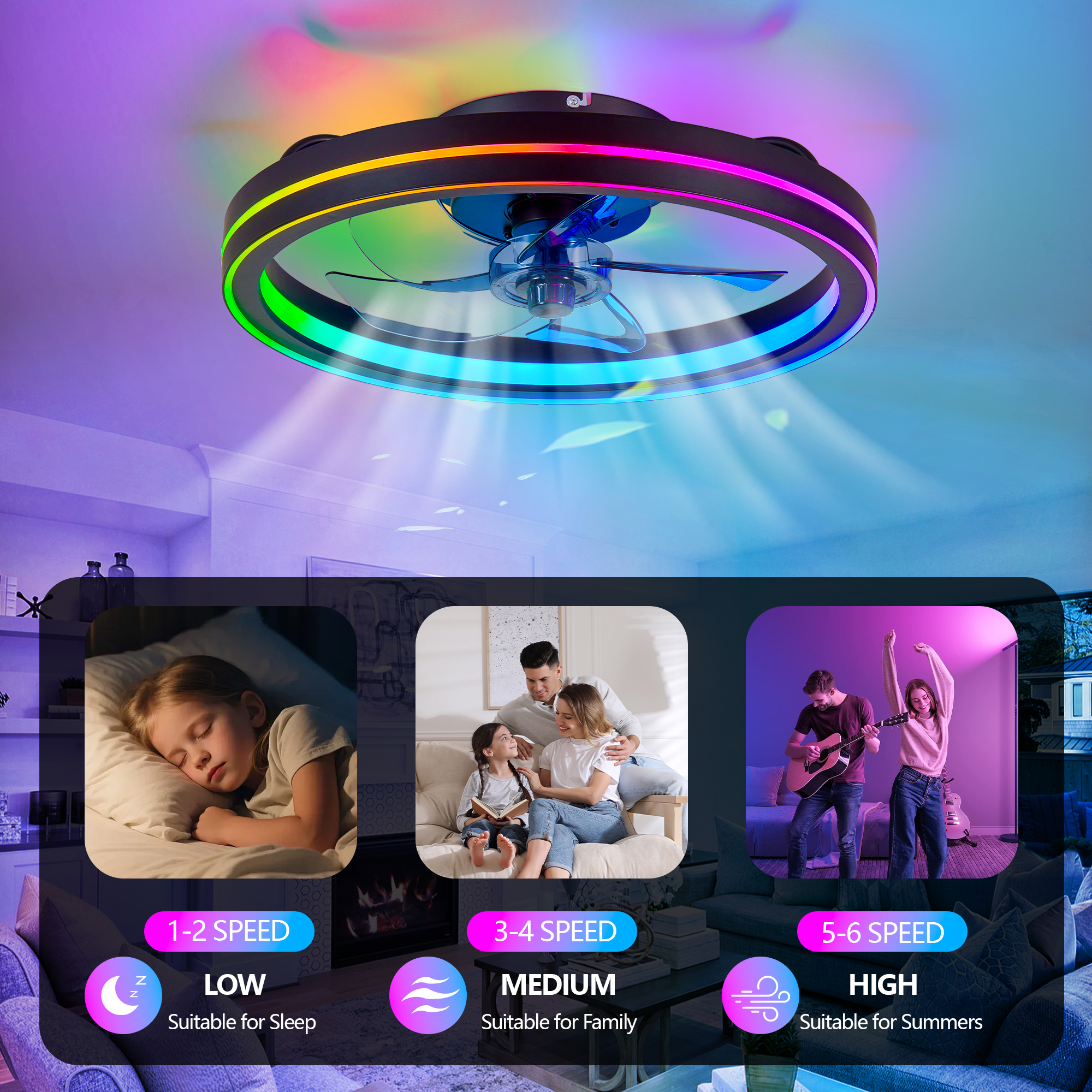 RGB Ceiling Fan with Lights, Low Profile Ceiling Fans with Lights and Remote, Flush Mount LED Fan Light, Modern Bladeless Fandelier for Bedroom Works with APP, 19IN Black - Image 2