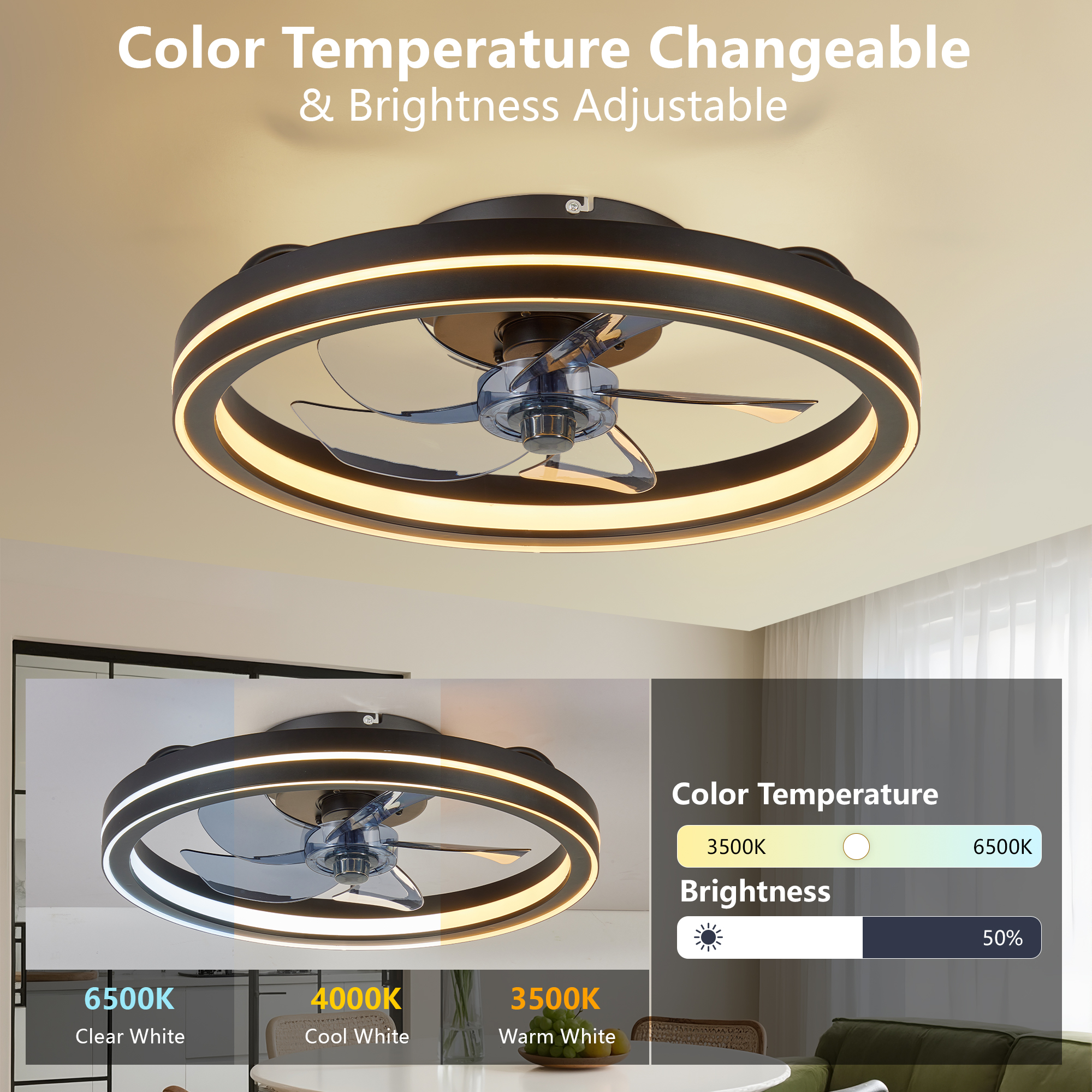 RGB Ceiling Fan with Lights, Low Profile Ceiling Fans with Lights and Remote, Flush Mount LED Fan Light, Modern Bladeless Fandelier for Bedroom Works with APP, 19IN Black - Image 3