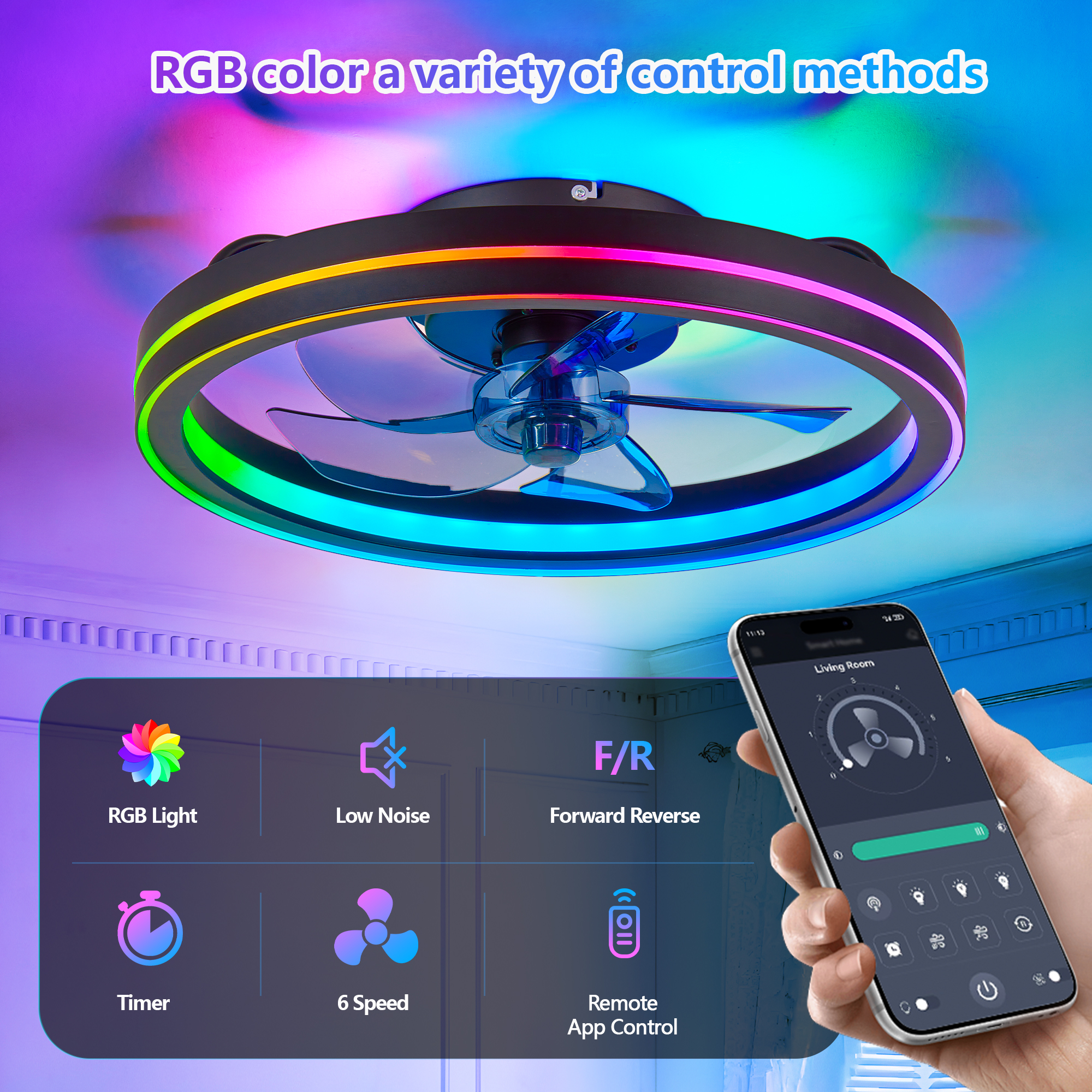 RGB Ceiling Fan with Lights, Low Profile Ceiling Fans with Lights and Remote, Flush Mount LED Fan Light, Modern Bladeless Fandelier for Bedroom Works with APP, 19IN Black - Image 4
