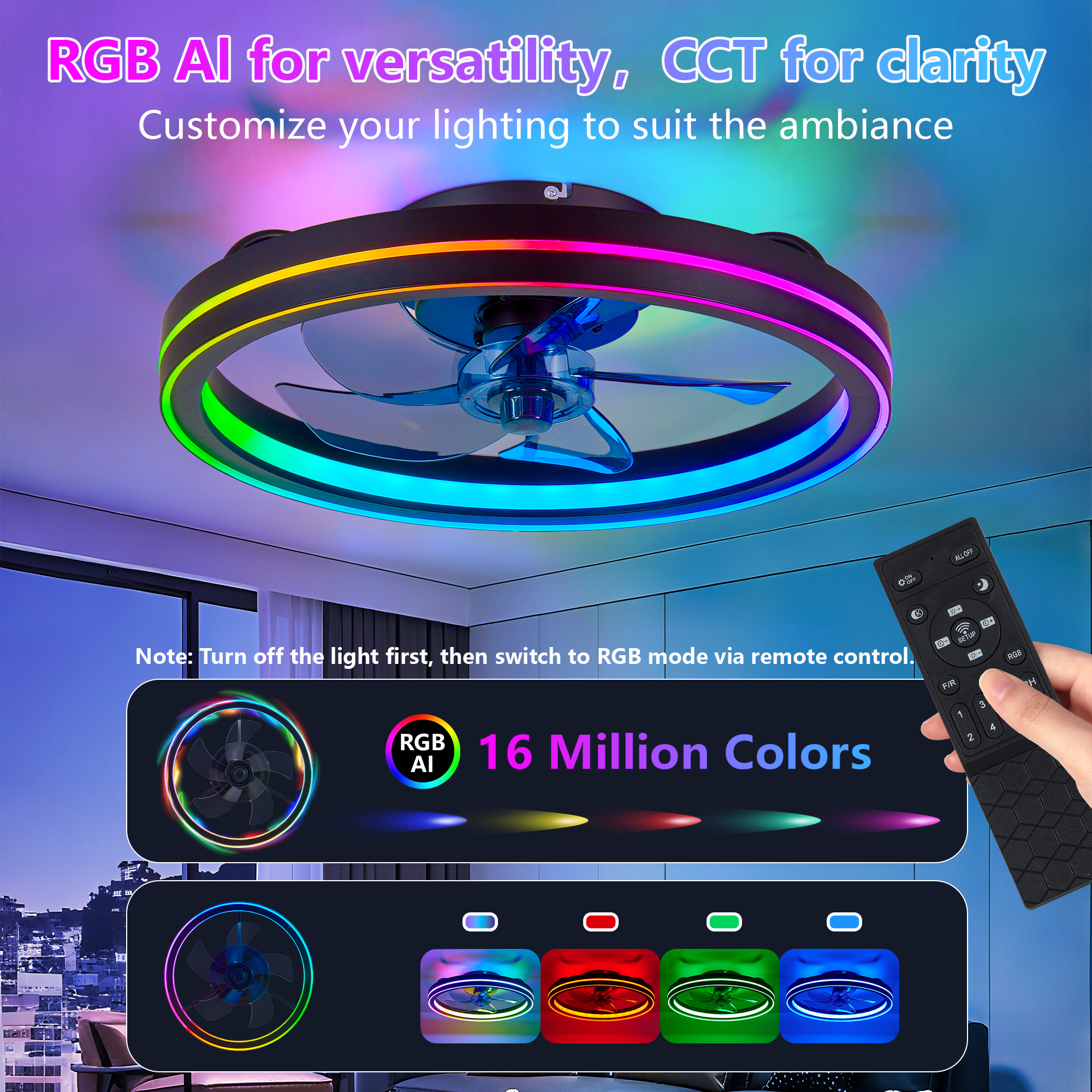 RGB Ceiling Fan with Lights, Low Profile Ceiling Fans with Lights and Remote, Flush Mount LED Fan Light, Modern Bladeless Fandelier for Bedroom Works with APP, 19IN Black - Image 5