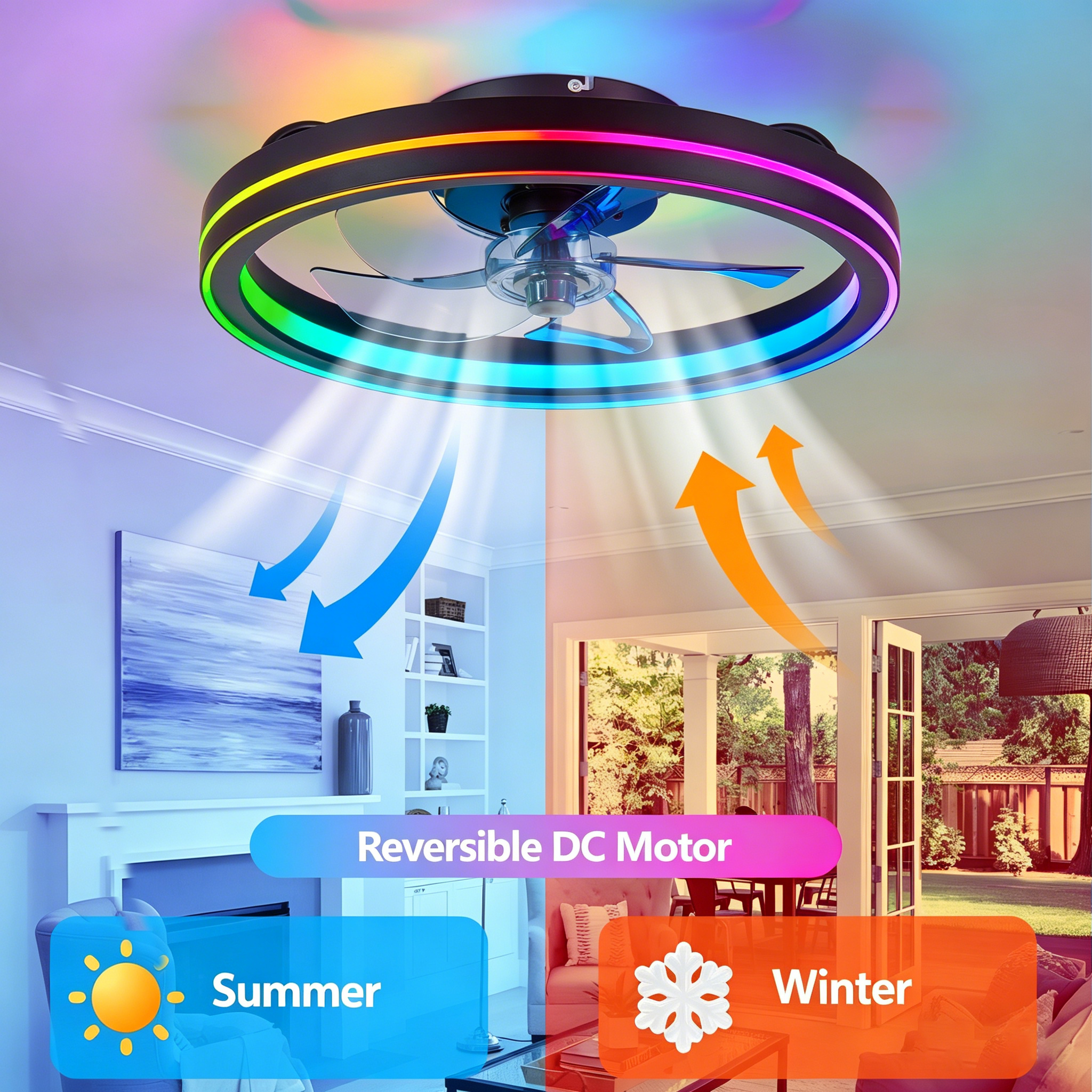 RGB Ceiling Fan with Lights, Low Profile Ceiling Fans with Lights and Remote, Flush Mount LED Fan Light, Modern Bladeless Fandelier for Bedroom Works with APP, 19IN Black - Image 6