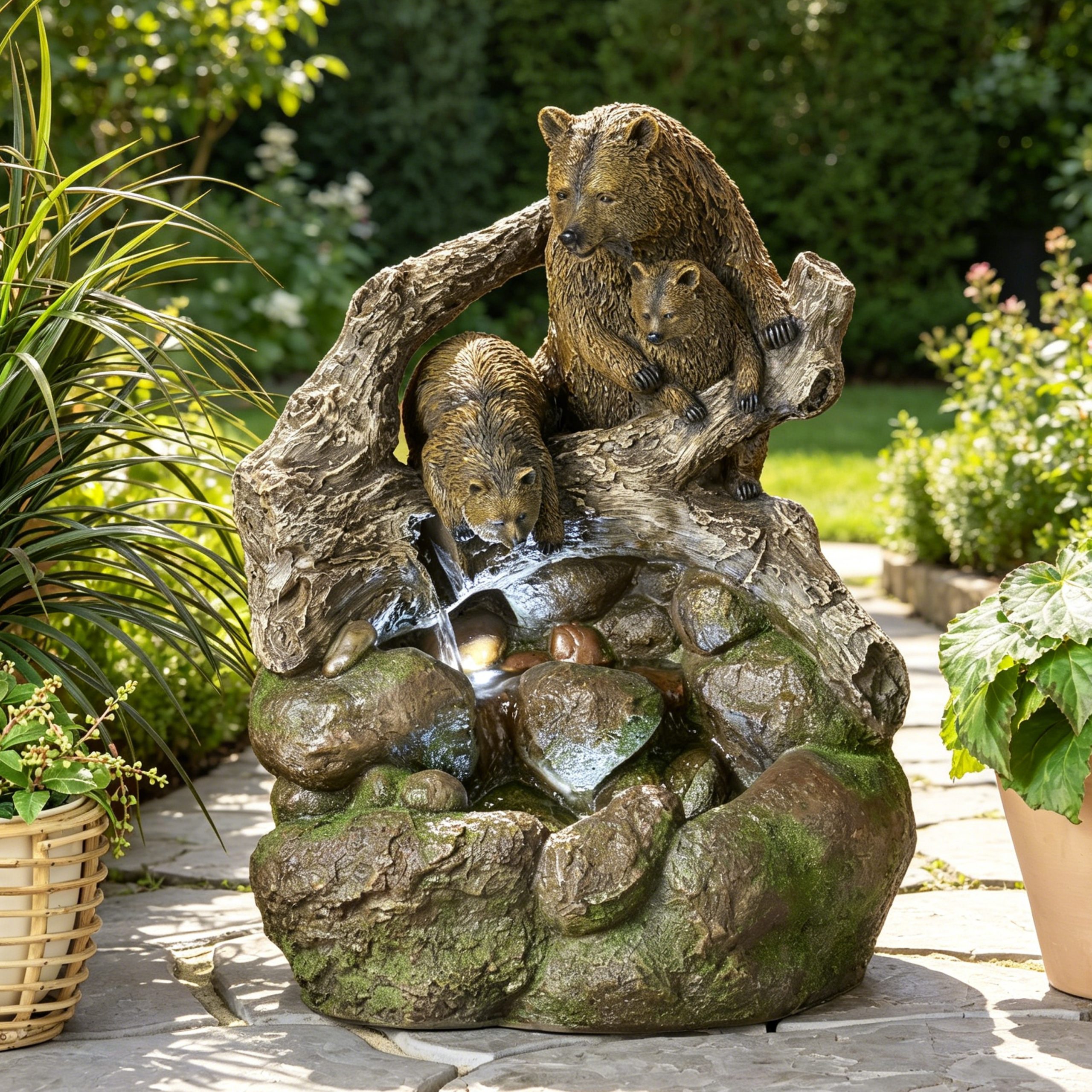 24.75" High CALLAN FOUNTAIN Weather Resistant Floor Fountain with Light, Light Brown + Moss - Image 2
