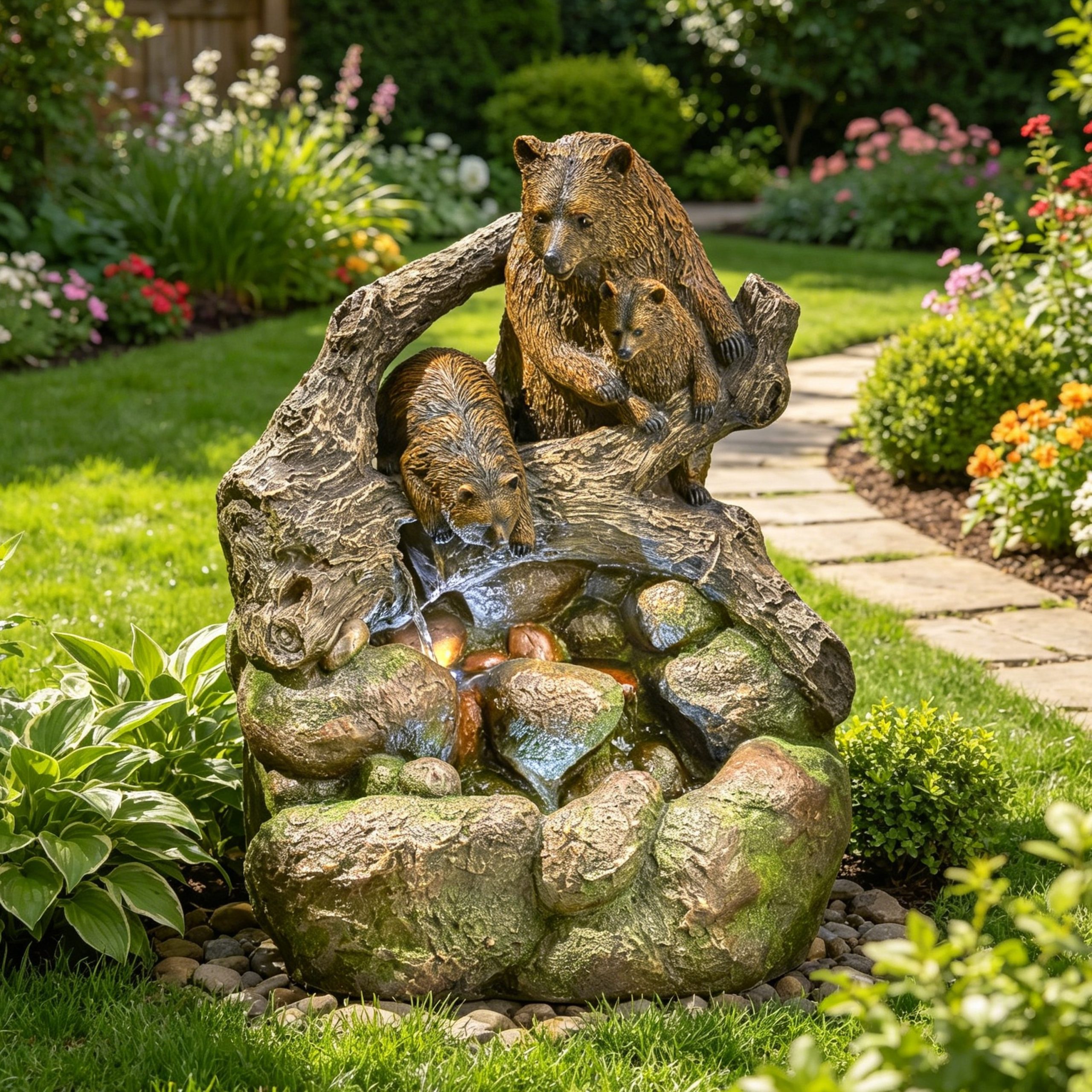 24.75" High CALLAN FOUNTAIN Weather Resistant Floor Fountain with Light, Light Brown + Moss - Image 3