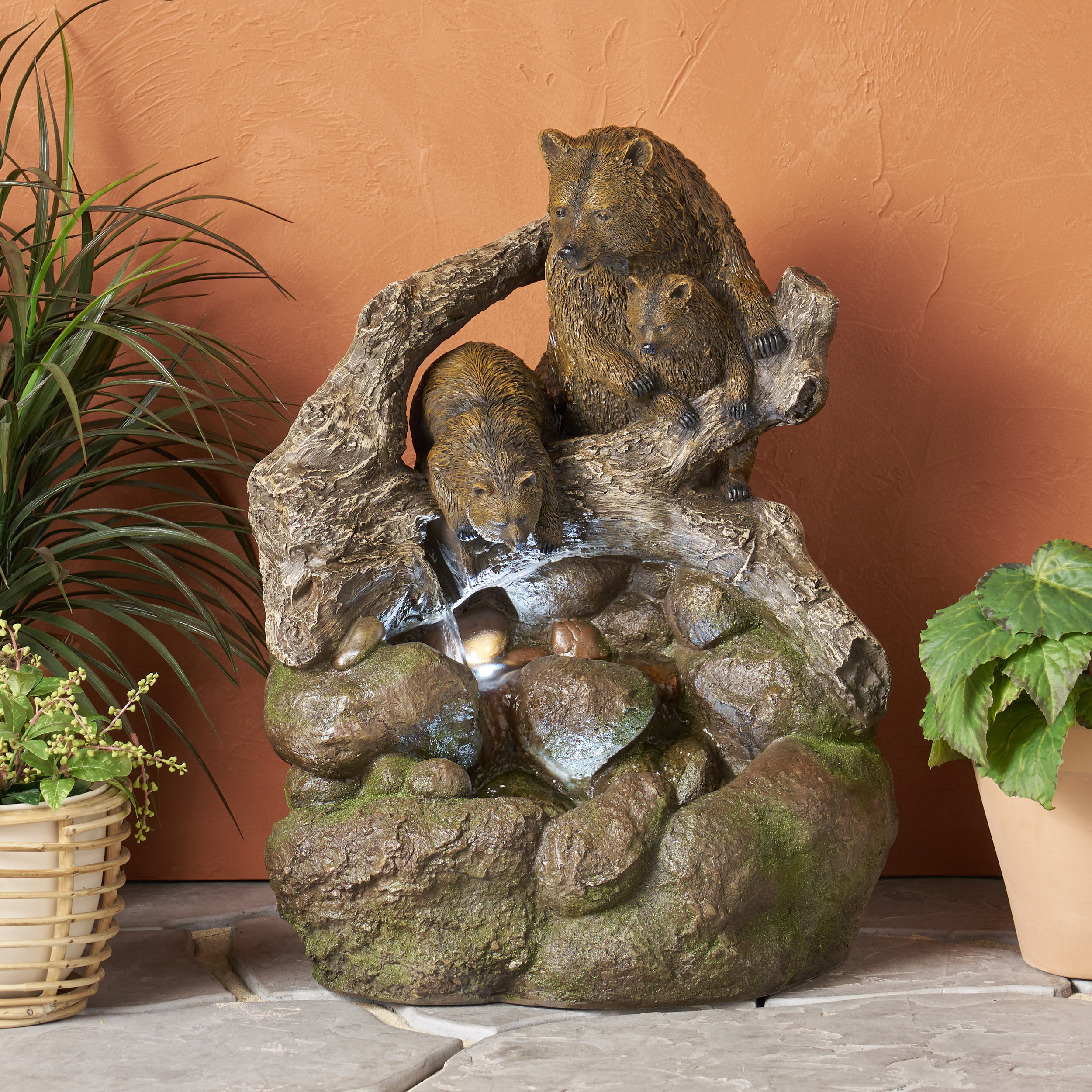 24.75" High CALLAN FOUNTAIN Weather Resistant Floor Fountain with Light, Light Brown + Moss - Image 4