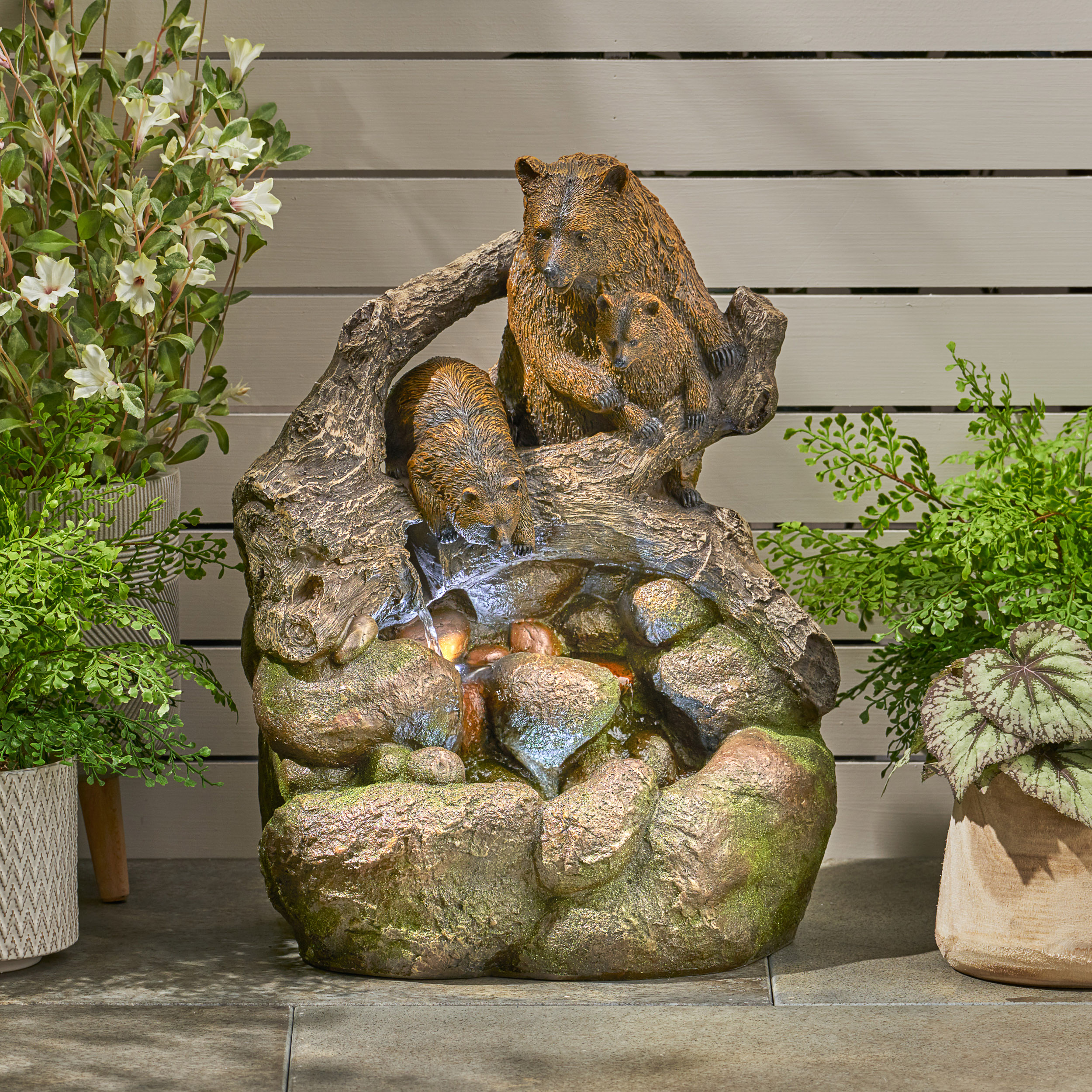 24.75" High CALLAN FOUNTAIN Weather Resistant Floor Fountain with Light, Light Brown + Moss - Image 5