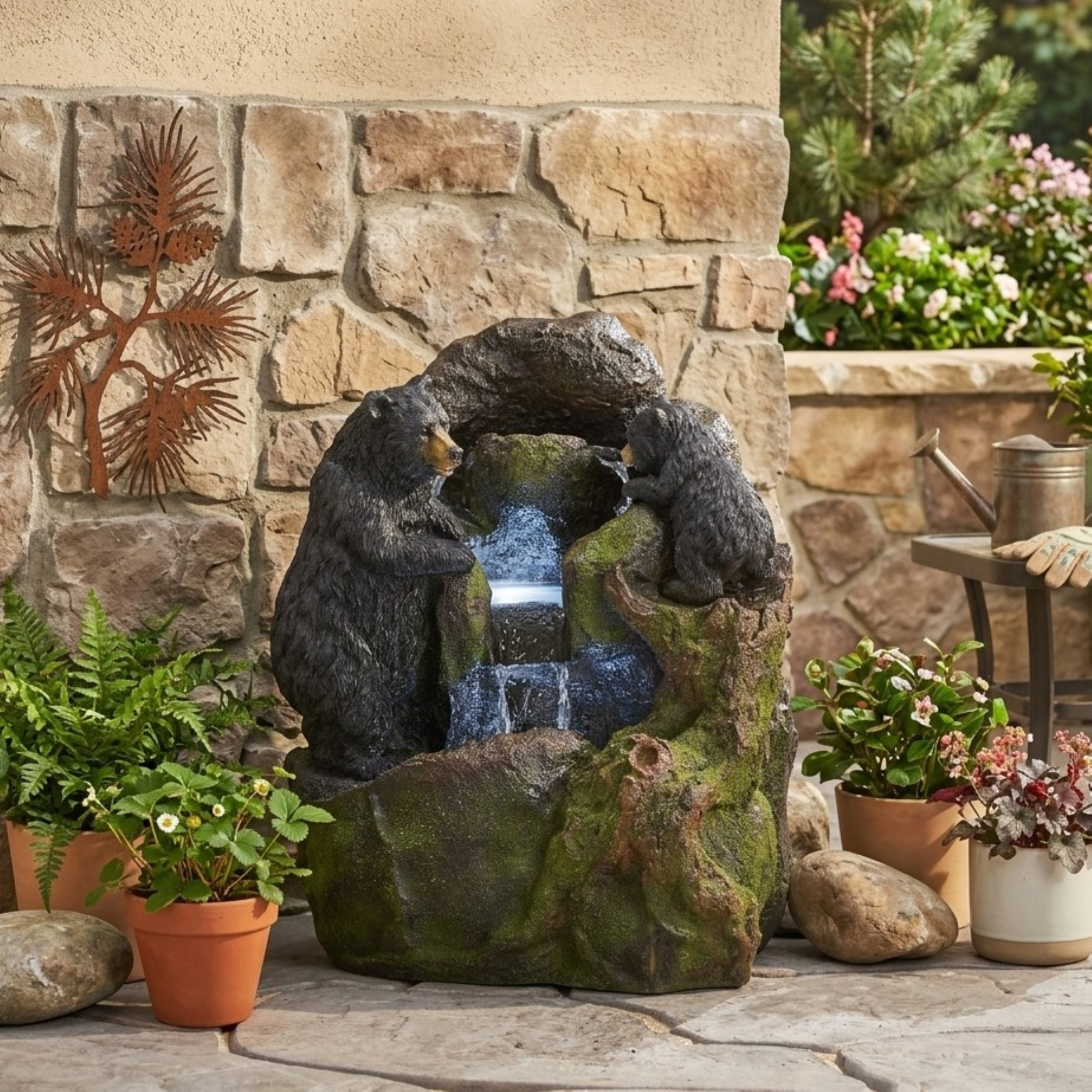 23.75" High Hand Crafted Weather Resistant Floor Fountain, Moss + Black - Image 4
