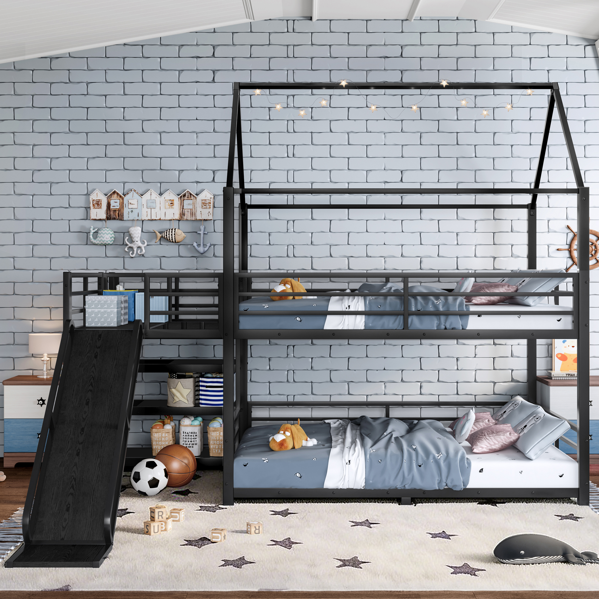 Full Metal House Bunk Bed with Storage Stairs, Slide, Safety Rails, Black - Image 2