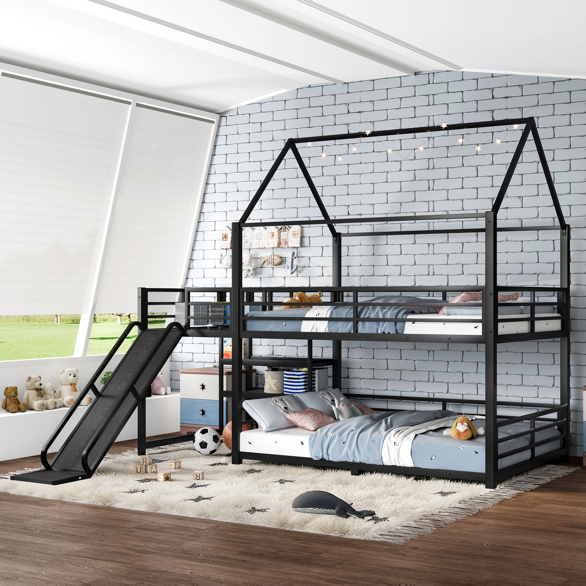 Full Metal House Bunk Bed with Storage Stairs, Slide, Safety Rails, Black - Image 3