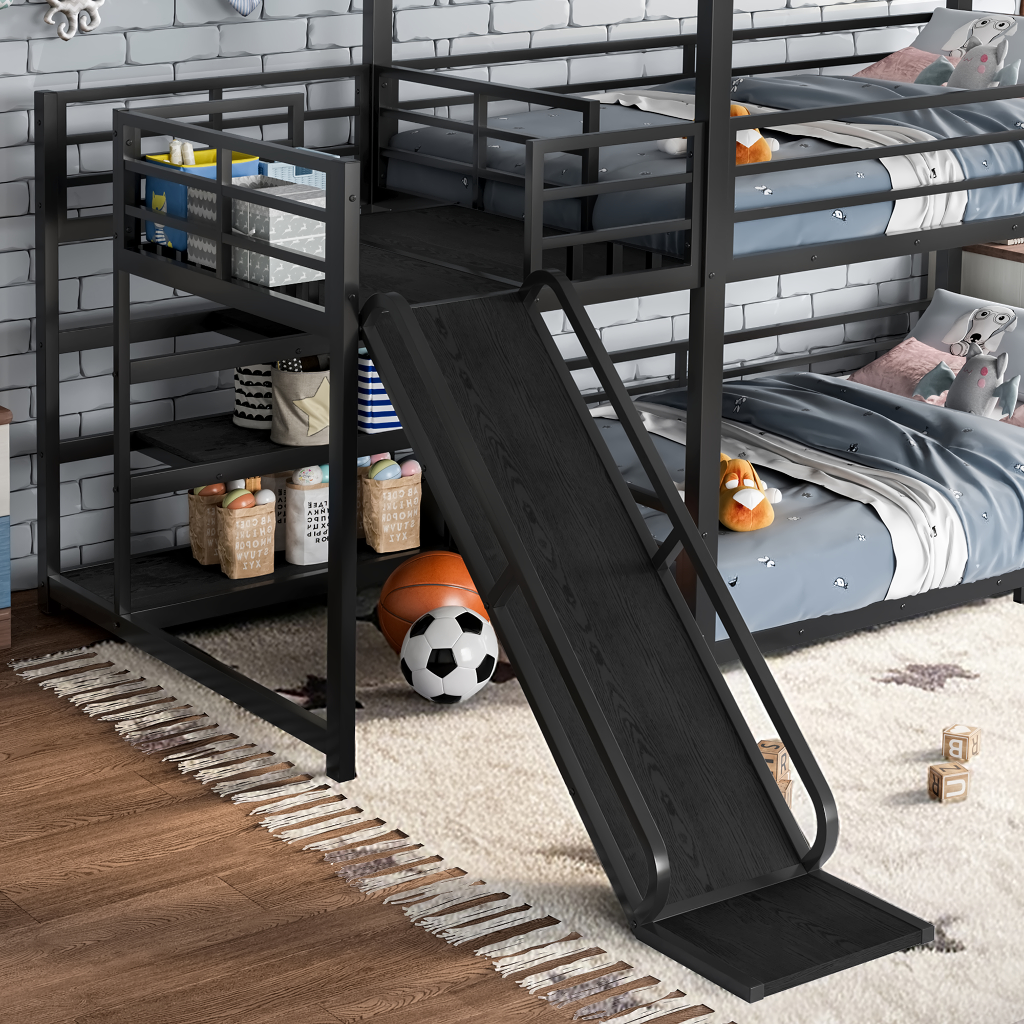 Full Metal House Bunk Bed with Storage Stairs, Slide, Safety Rails, Black - Image 4
