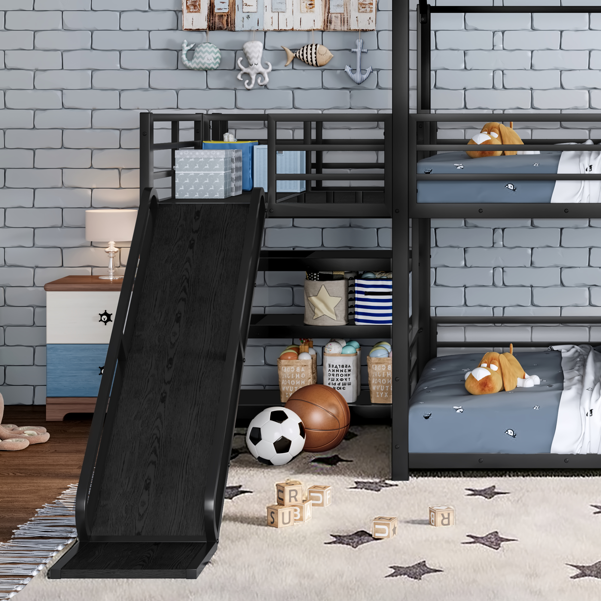 Full Metal House Bunk Bed with Storage Stairs, Slide, Safety Rails, Black - Image 5