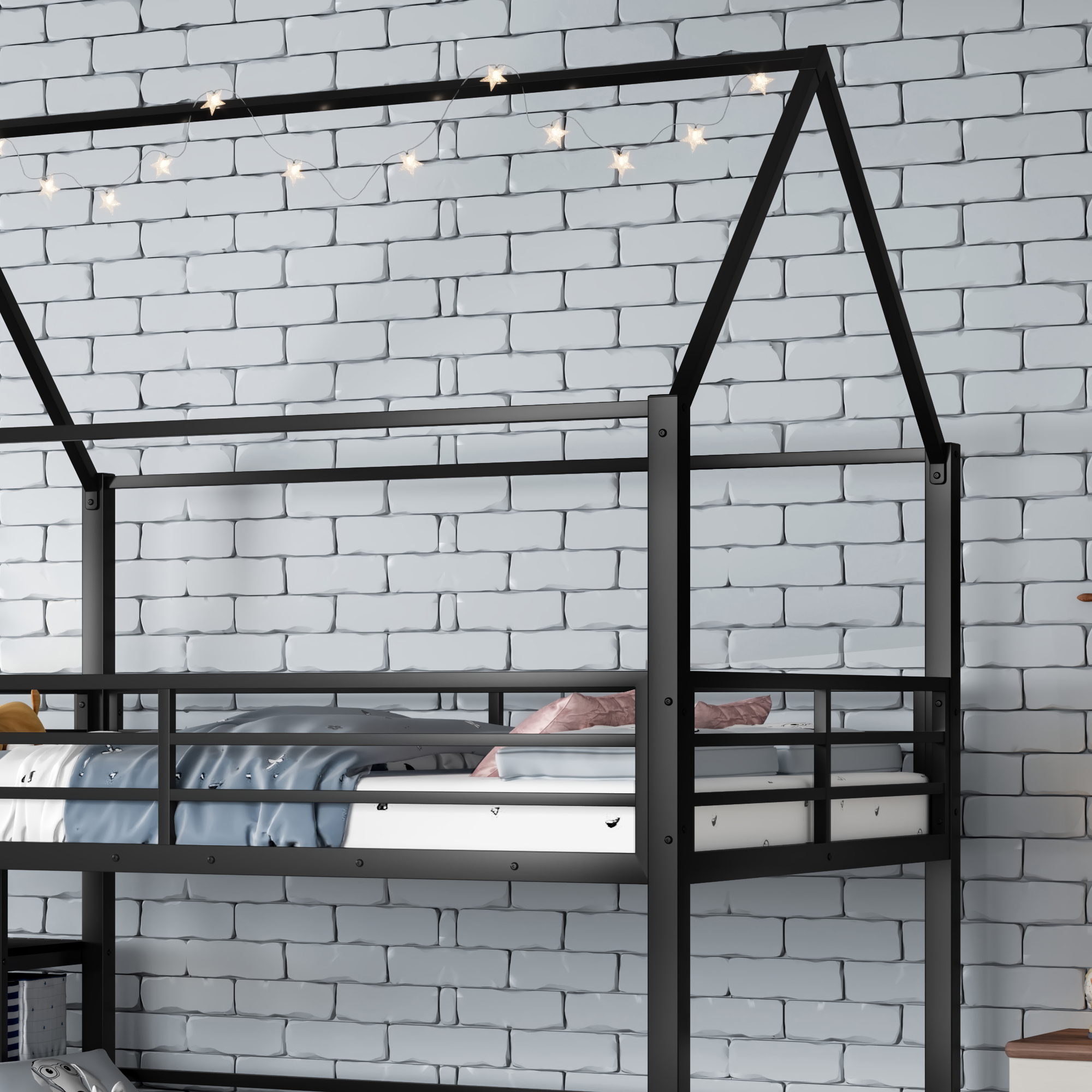 Full Metal House Bunk Bed with Storage Stairs, Slide, Safety Rails, Black - Image 6