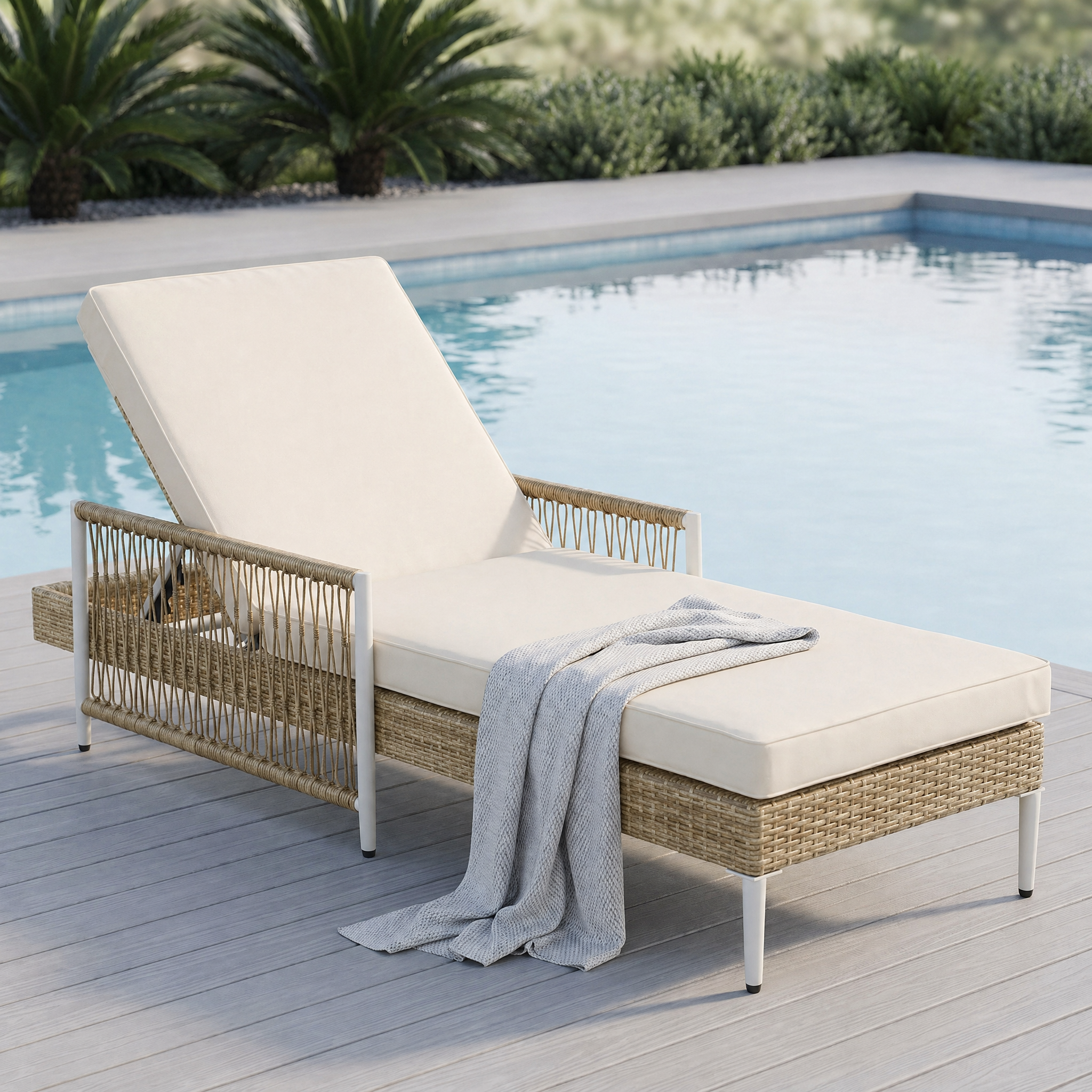 TOPMAX Outdoor All-Weather PE Rattan Chaise Lounge, Minimalist Patio Wicker Lounge Chair with 6 Gear Adjustable Recliner, Arms and Cushion for Poolside, Deck, Beige - Image 3