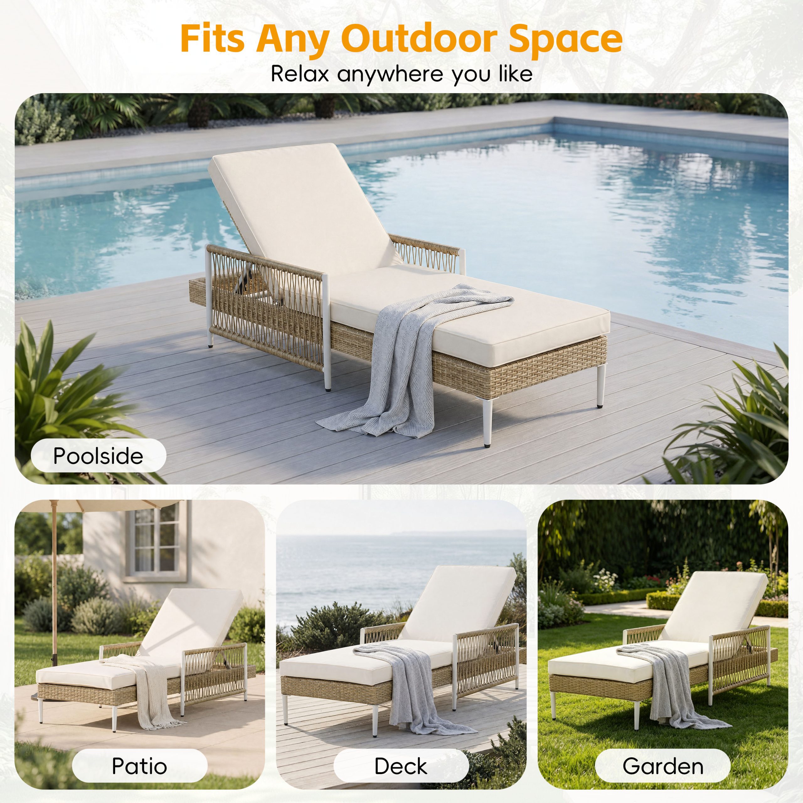 TOPMAX Outdoor All-Weather PE Rattan Chaise Lounge, Minimalist Patio Wicker Lounge Chair with 6 Gear Adjustable Recliner, Arms and Cushion for Poolside, Deck, Beige - Image 4