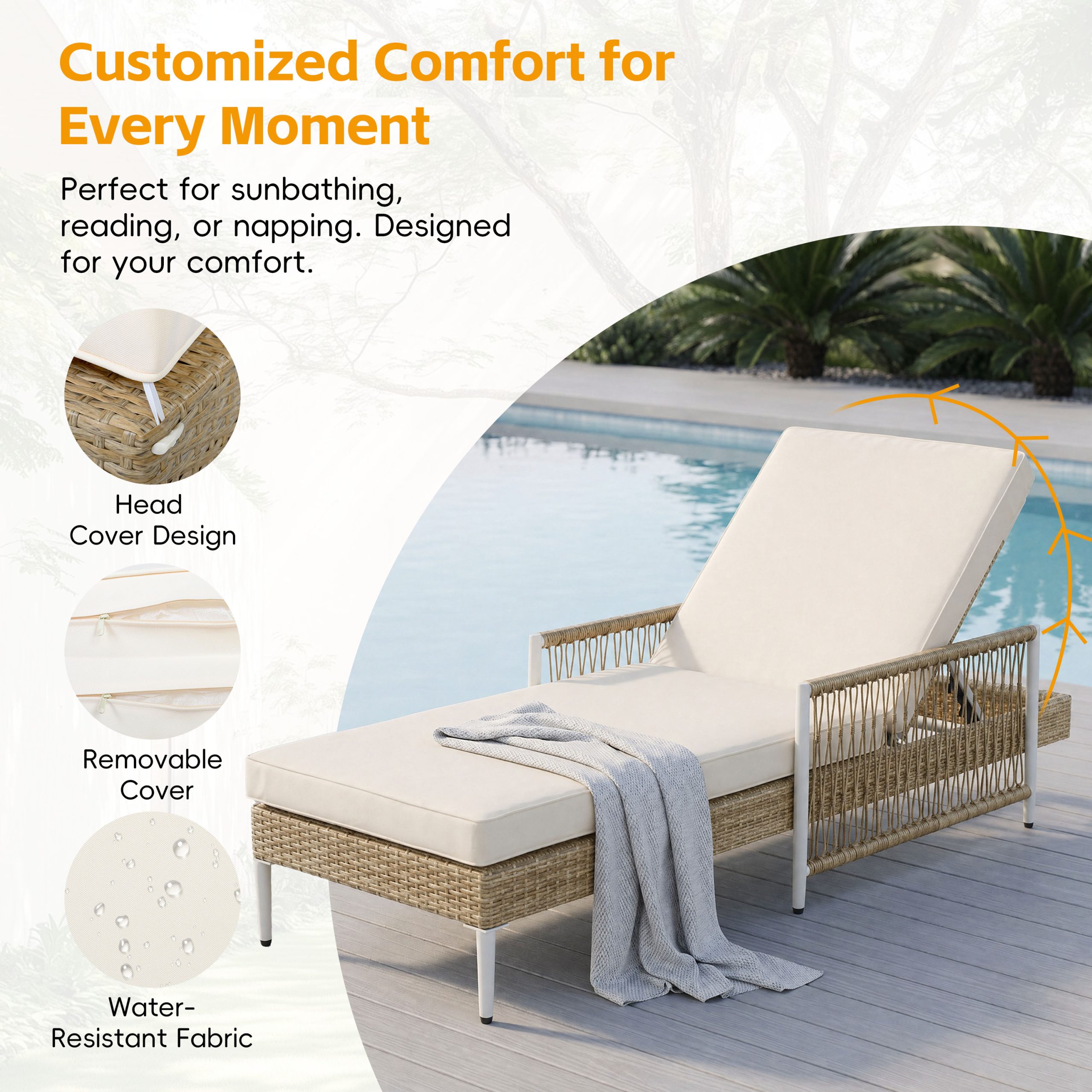 TOPMAX Outdoor All-Weather PE Rattan Chaise Lounge, Minimalist Patio Wicker Lounge Chair with 6 Gear Adjustable Recliner, Arms and Cushion for Poolside, Deck, Beige - Image 5