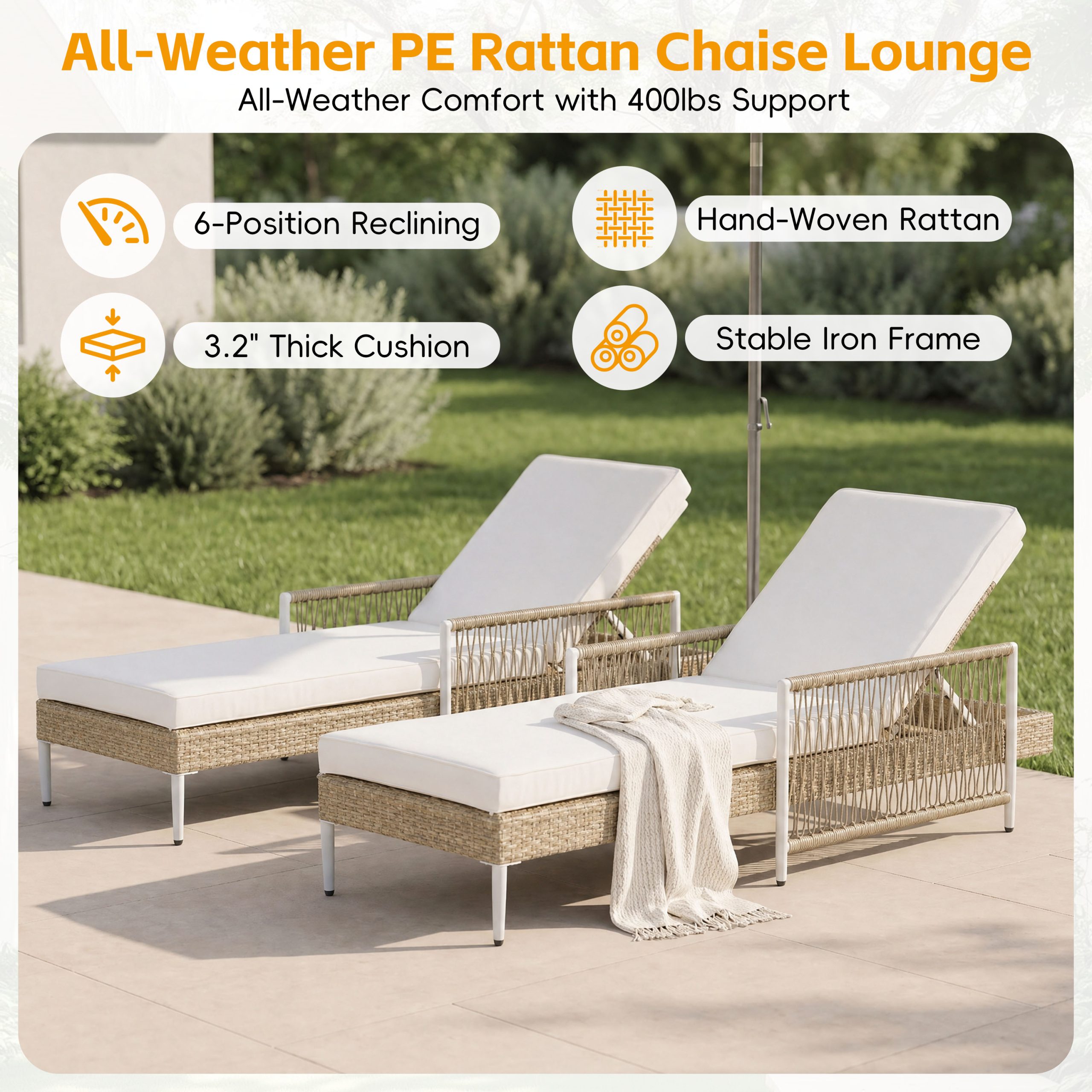 TOPMAX Outdoor All-Weather PE Rattan Chaise Lounge, Minimalist Patio Wicker Lounge Chair with 6 Gear Adjustable Recliner, Arms and Cushion for Poolside, Deck, Beige - Image 6
