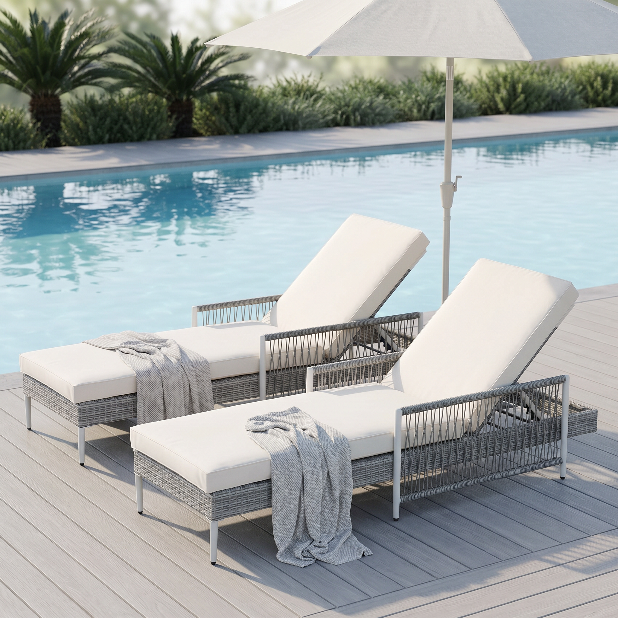 TOPMAX Outdoor All-Weather PE Rattan Chaise Lounge, Minimalist Patio Wicker Lounge Chair with 6 Gear Adjustable Recliner, Arms and Cushion for Poolside, Deck, Set of 2, Grey - Image 2