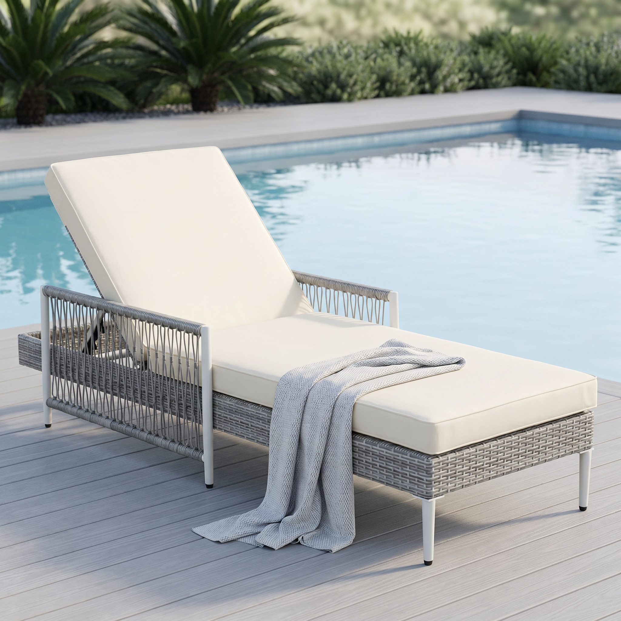 TOPMAX Outdoor All-Weather PE Rattan Chaise Lounge, Minimalist Patio Wicker Lounge Chair with 6 Gear Adjustable Recliner, Arms and Cushion for Poolside, Deck, Set of 2, Grey - Image 6