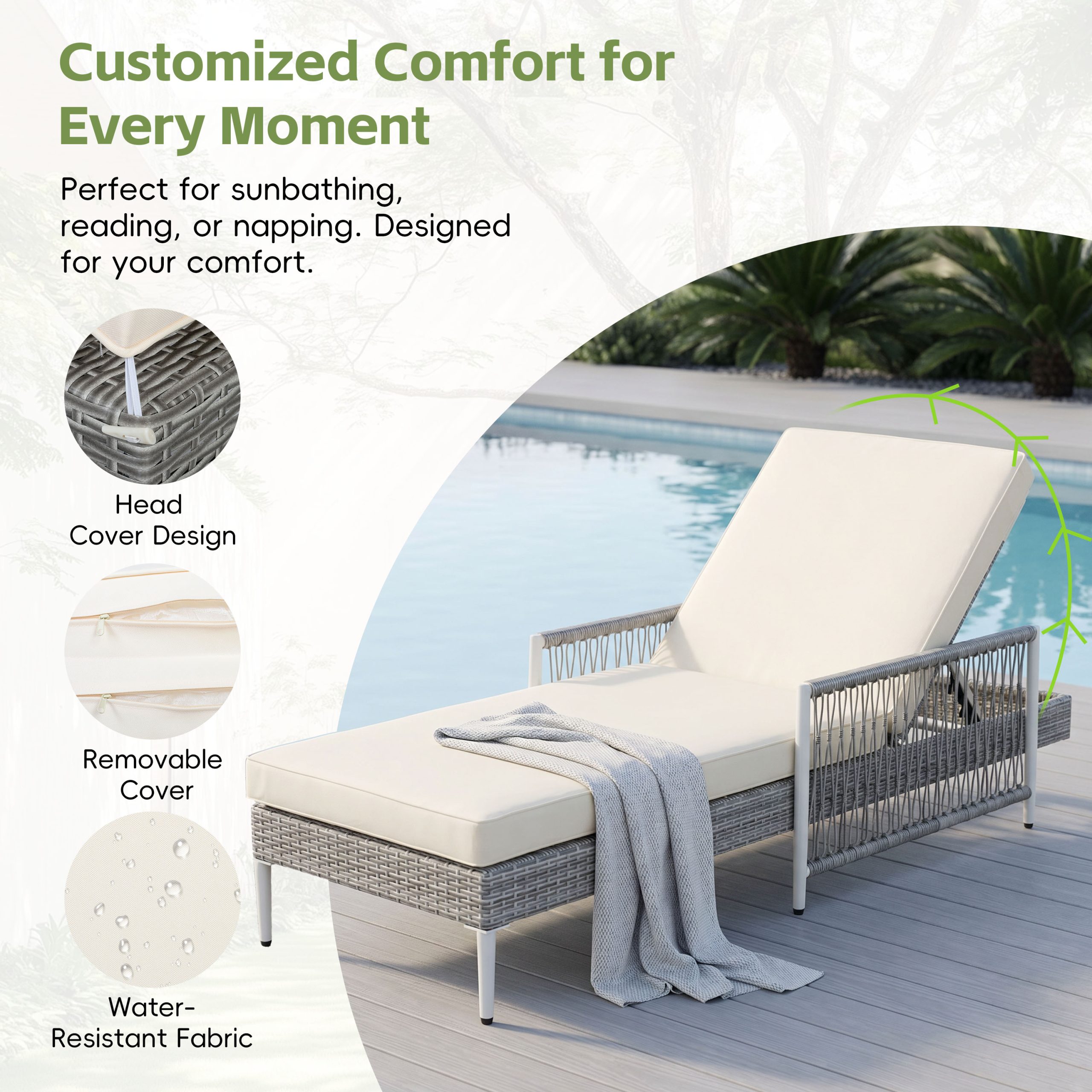 TOPMAX Outdoor All-Weather PE Rattan Chaise Lounge, Minimalist Patio Wicker Lounge Chair with 6 Gear Adjustable Recliner, Arms and Cushion for Poolside, Deck, Grey - Image 4