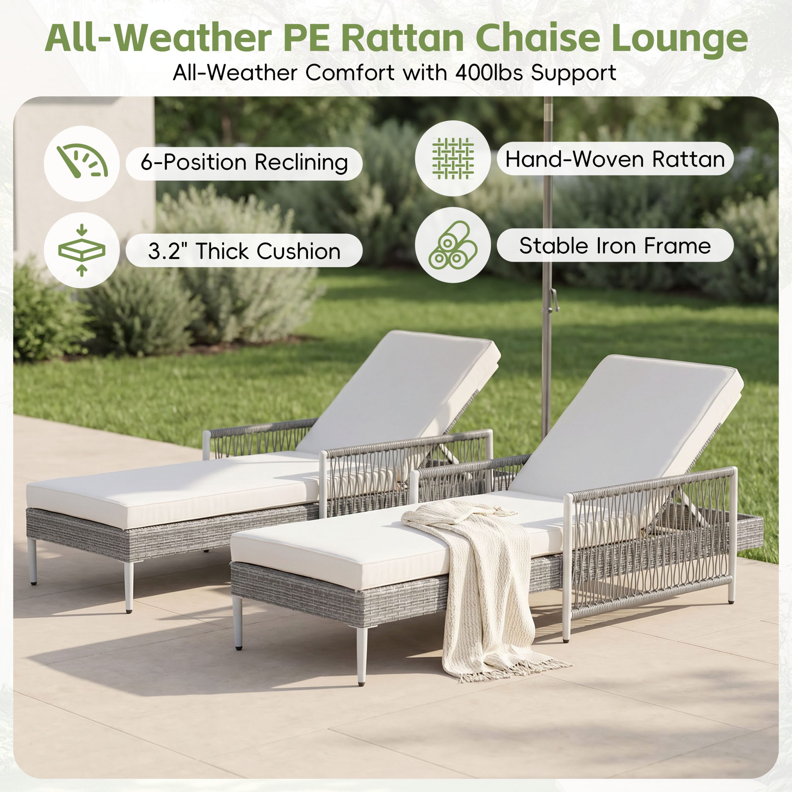 TOPMAX Outdoor All-Weather PE Rattan Chaise Lounge, Minimalist Patio Wicker Lounge Chair with 6 Gear Adjustable Recliner, Arms and Cushion for Poolside, Deck, Grey - Image 6