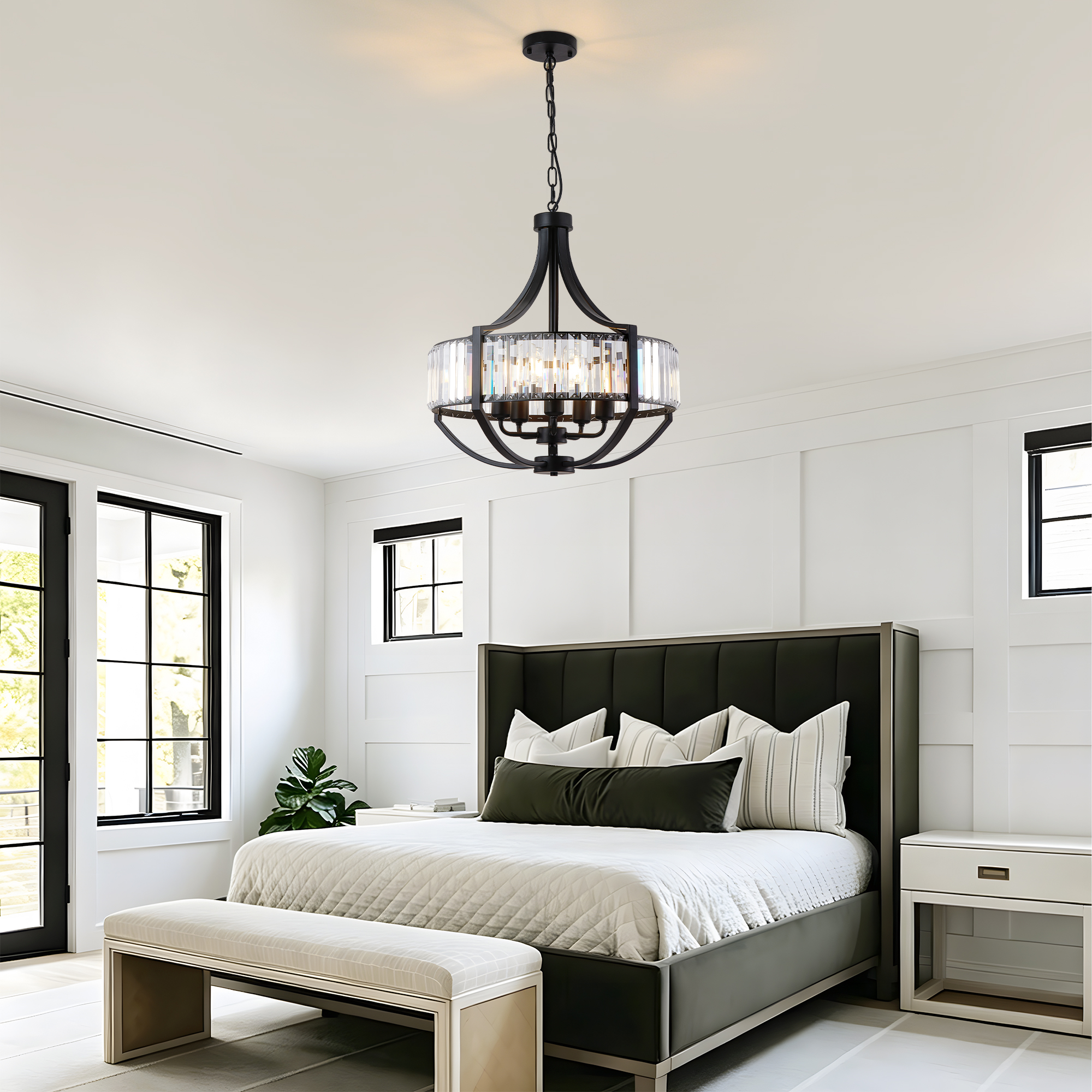 20" Modern Farmhouse Crystal Chandeliers for Dining Room, 5-Light Black Antique Pendant Chandelier, Contemporary Hanging Light Fixture for Living Room Bedroom Foyer Kitchen Island Entryway - Image 2