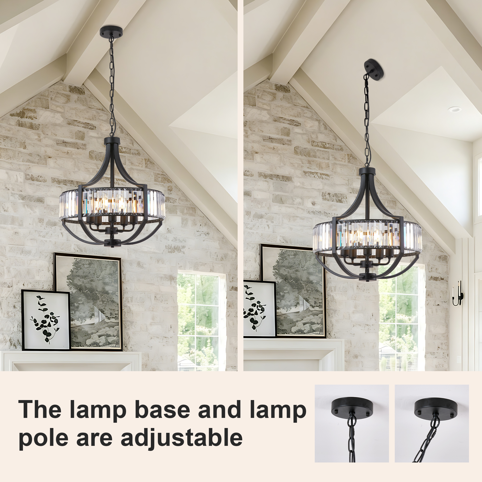 20" Modern Farmhouse Crystal Chandeliers for Dining Room, 5-Light Black Antique Pendant Chandelier, Contemporary Hanging Light Fixture for Living Room Bedroom Foyer Kitchen Island Entryway - Image 4