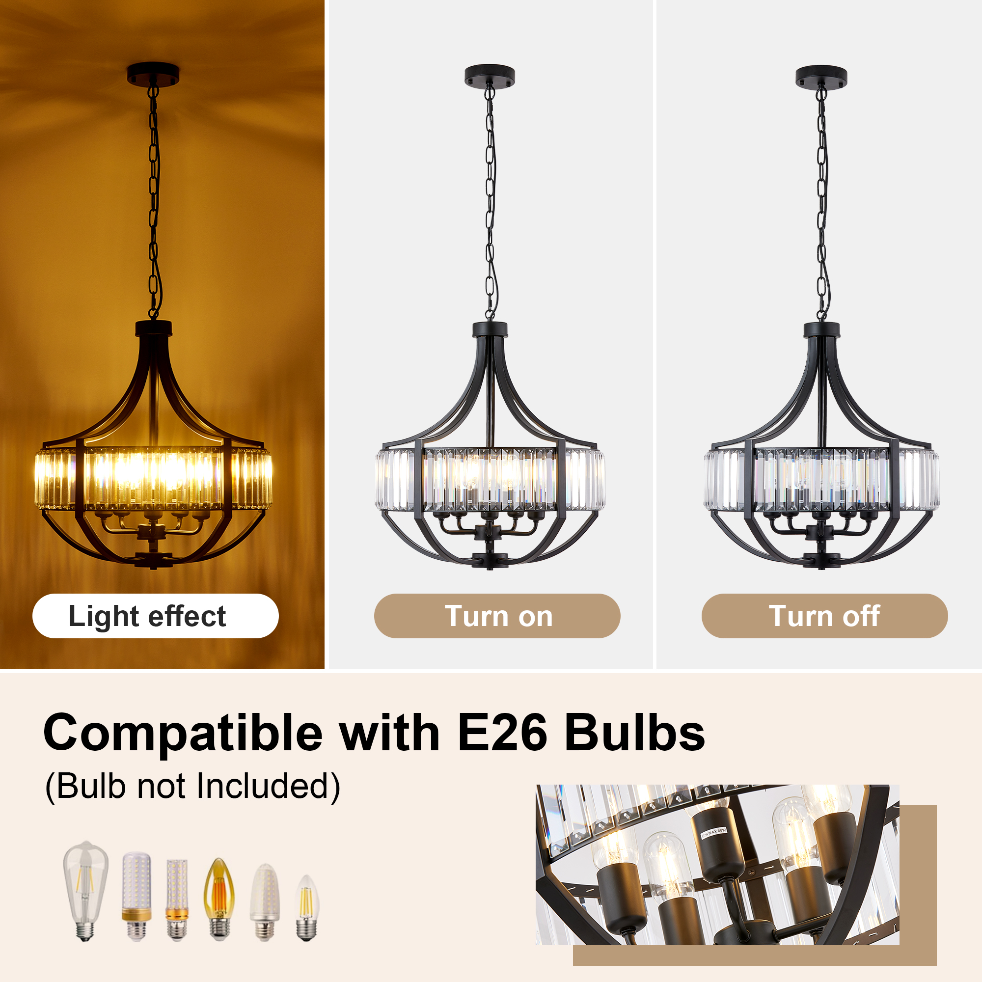 20" Modern Farmhouse Crystal Chandeliers for Dining Room, 5-Light Black Antique Pendant Chandelier, Contemporary Hanging Light Fixture for Living Room Bedroom Foyer Kitchen Island Entryway - Image 5